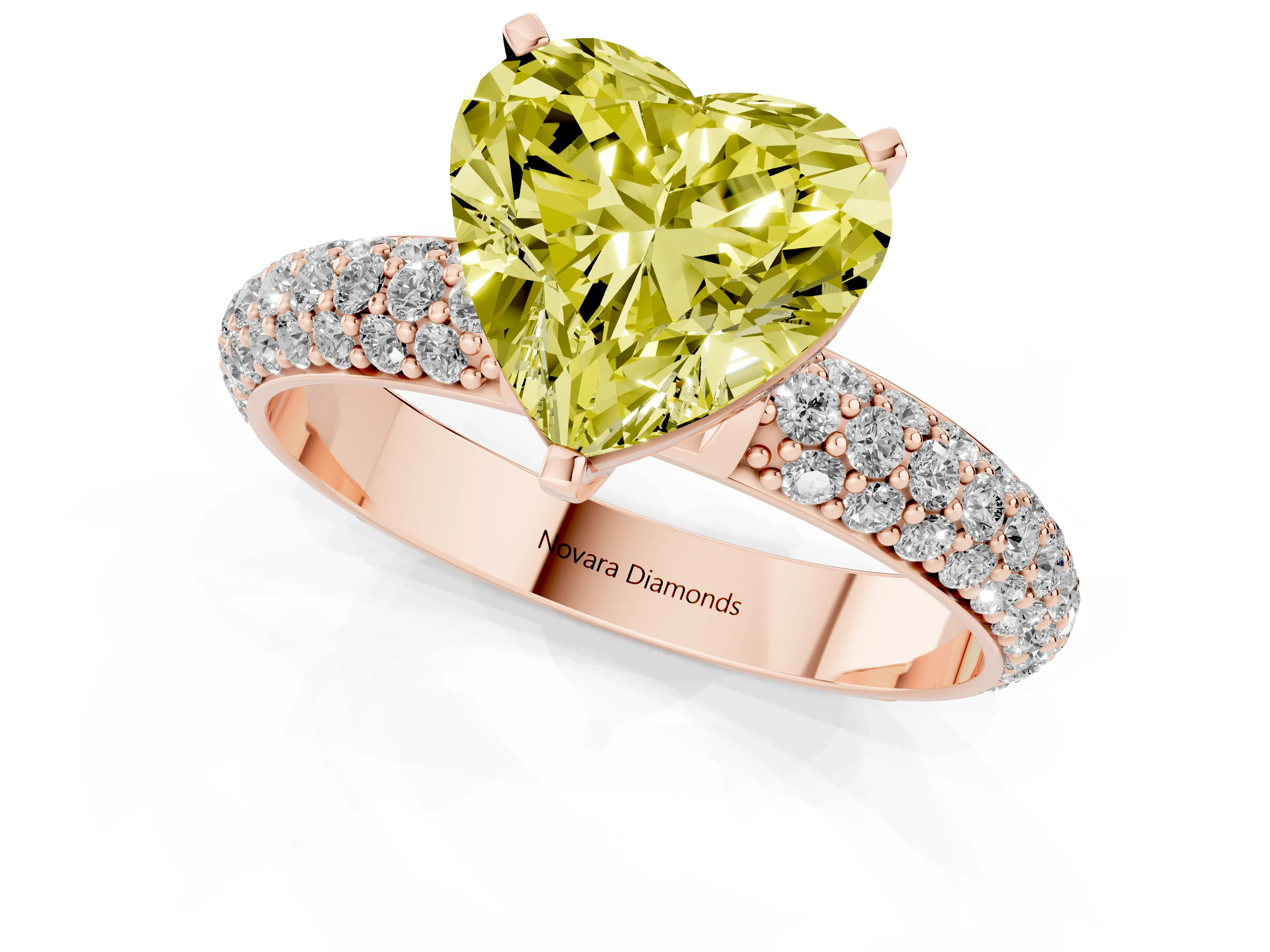 Fancy Yellow Heart Cut Diamond Solitaire Ring Set in Rose gold with Prong Setting and Pavé-Set Band