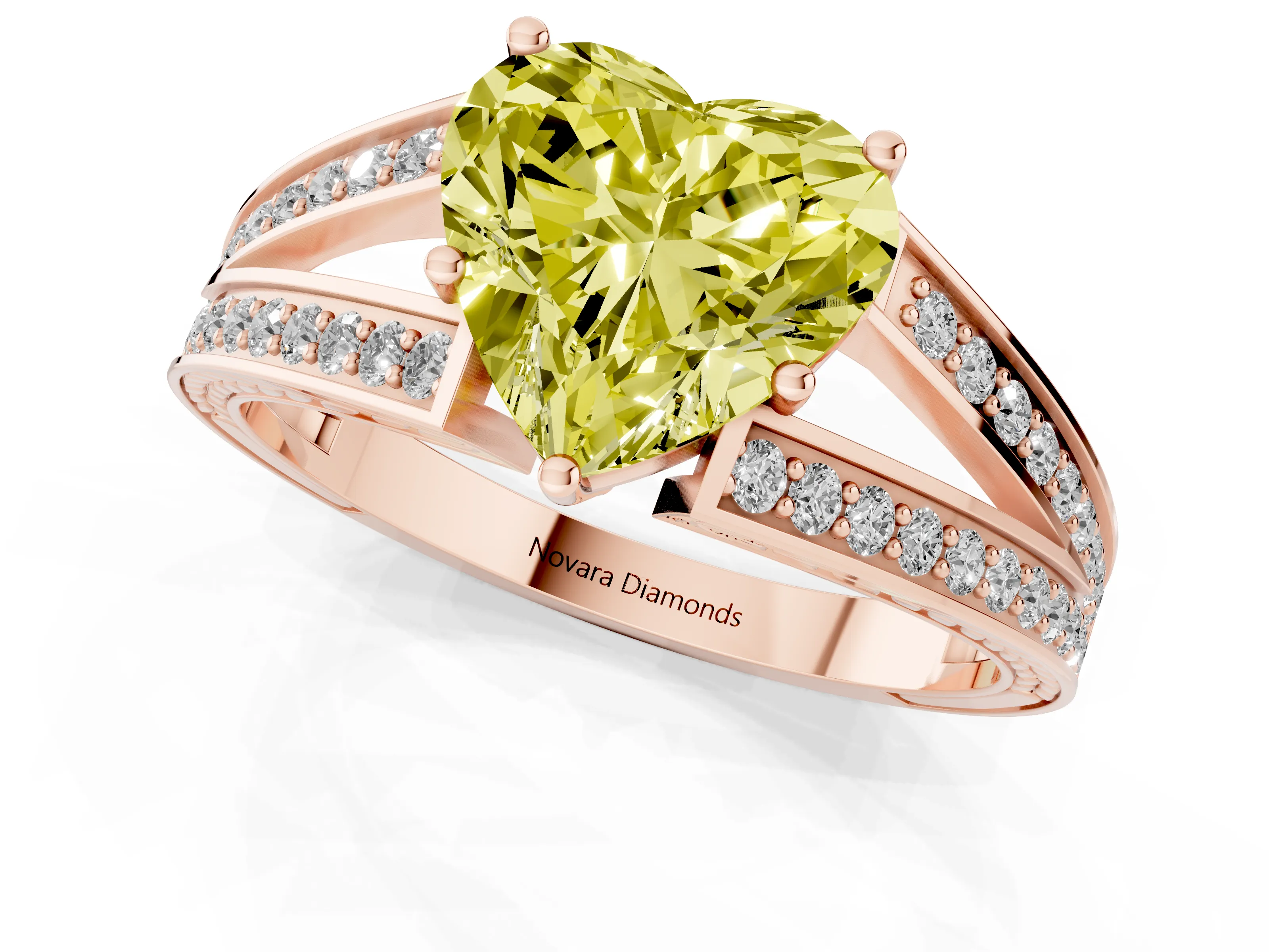 Fancy Yellow Heart Cut Diamond Split Shank Ring Set in Rose gold with Pavé Band and Prong Setting