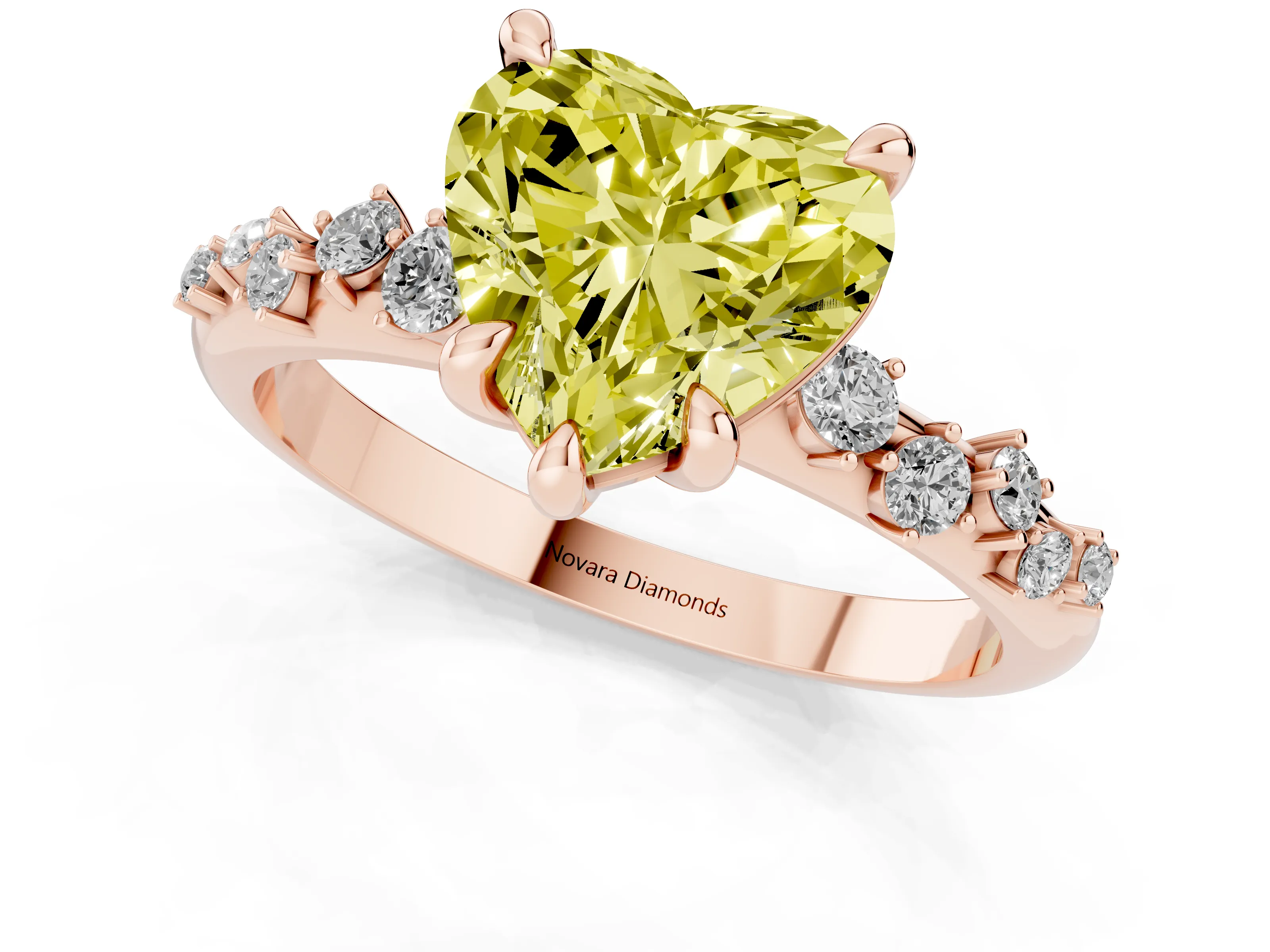 Fancy Yellow Heart Cut Diamond Solitaire Vine Band Ring Set in Rose gold with Round Accents and Prong Setting