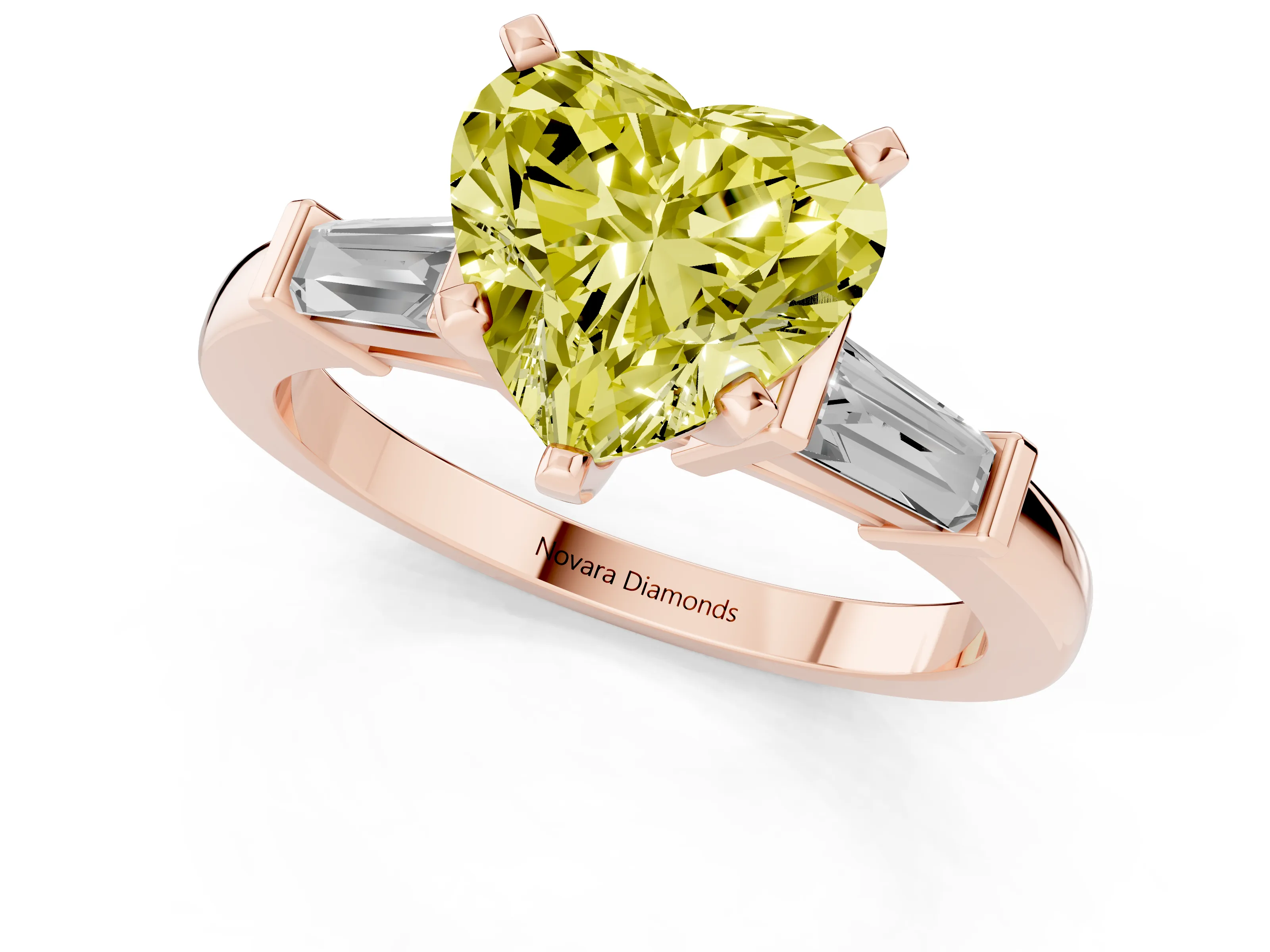 Fancy Yellow Heart Cut Diamond Solitaire Ring Set in Rose gold with Tapered Baguette Accents and Prong Setting