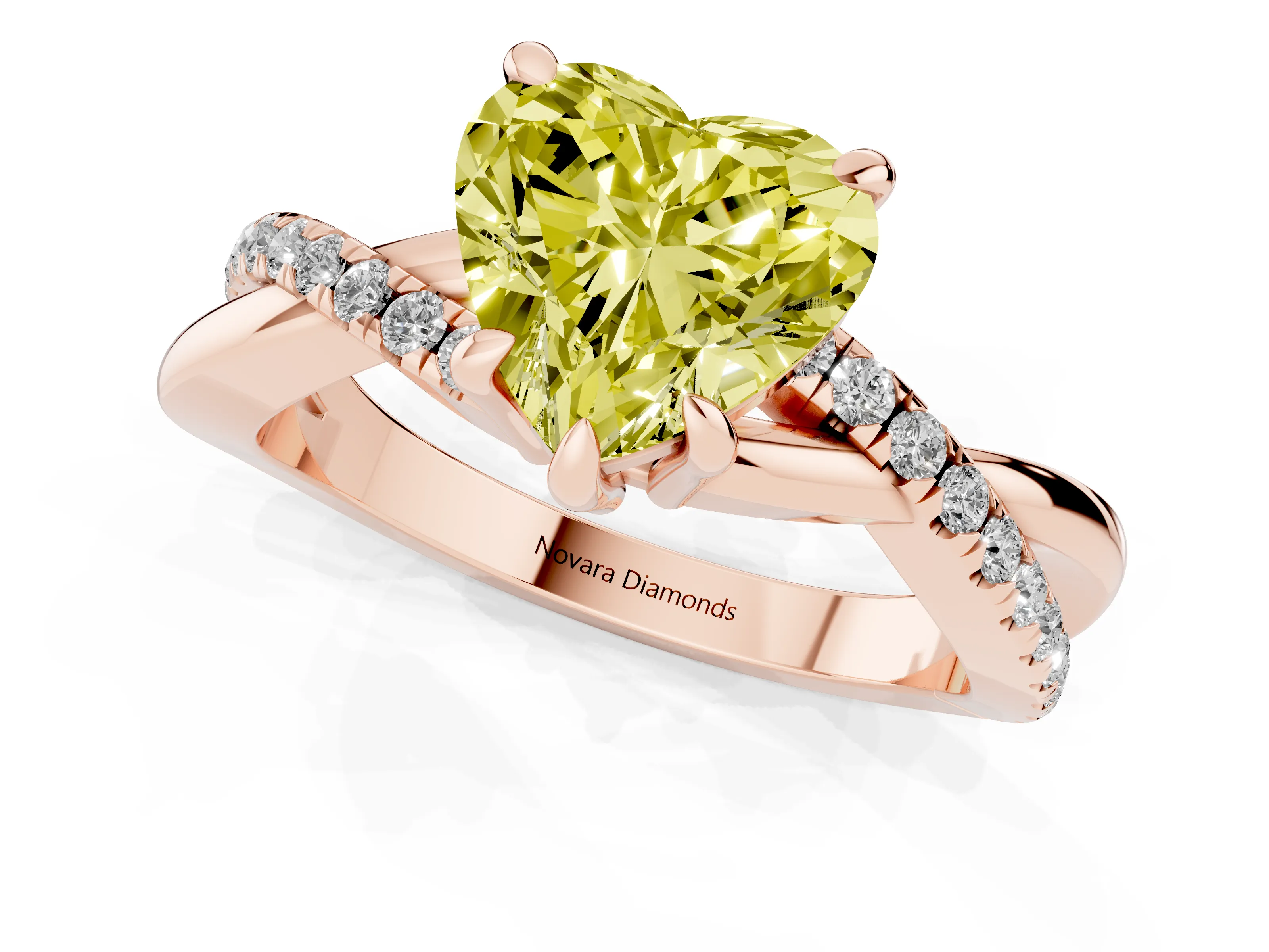 Fancy Yellow Heart Cut Diamond Twist Band Solitaire Set in Rose gold with Pavé Accents and Prong Setting