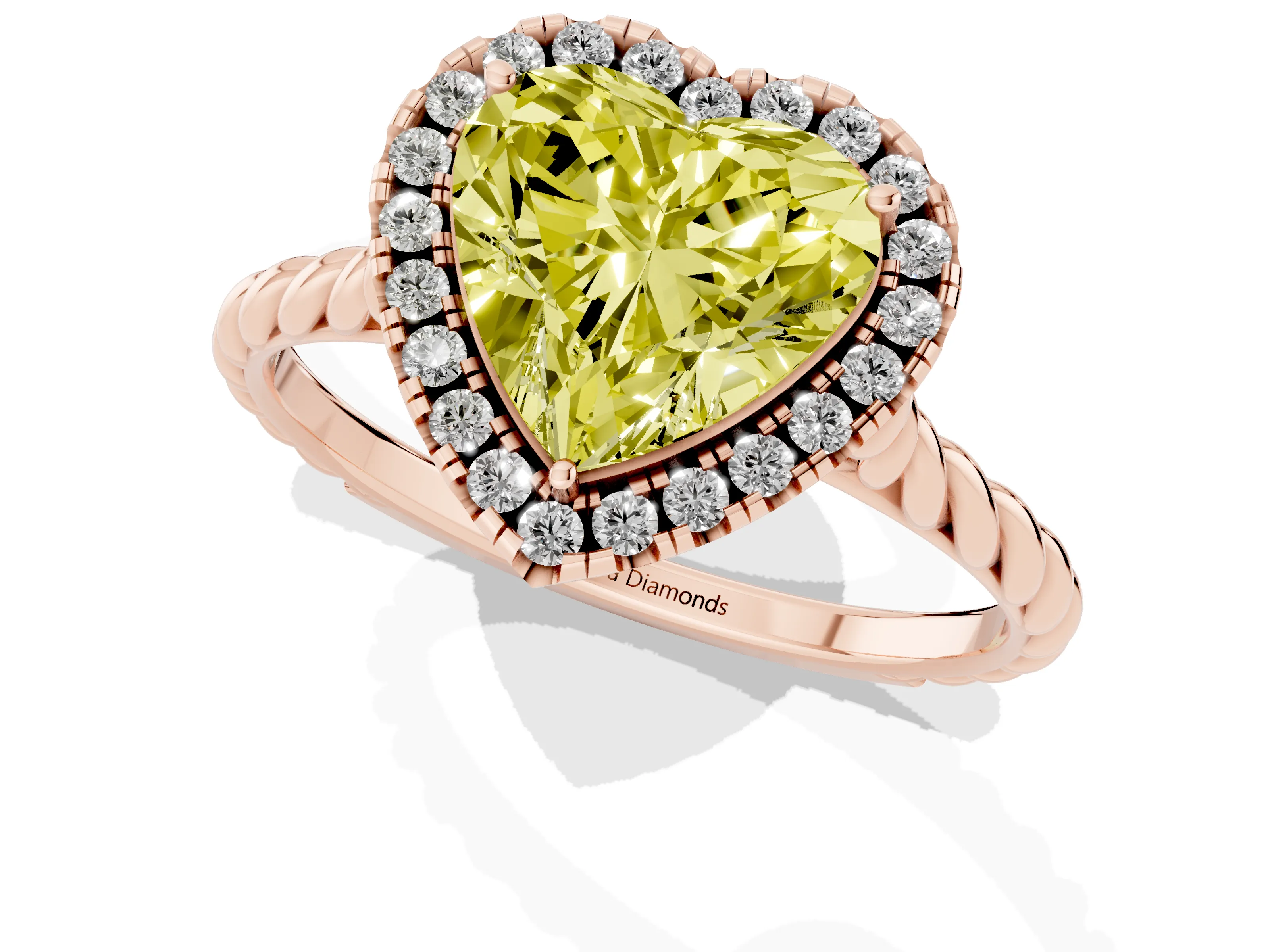 Fancy Yellow Heart Cut Diamond Halo Ring Set in Rose gold with Plain Twisted Band