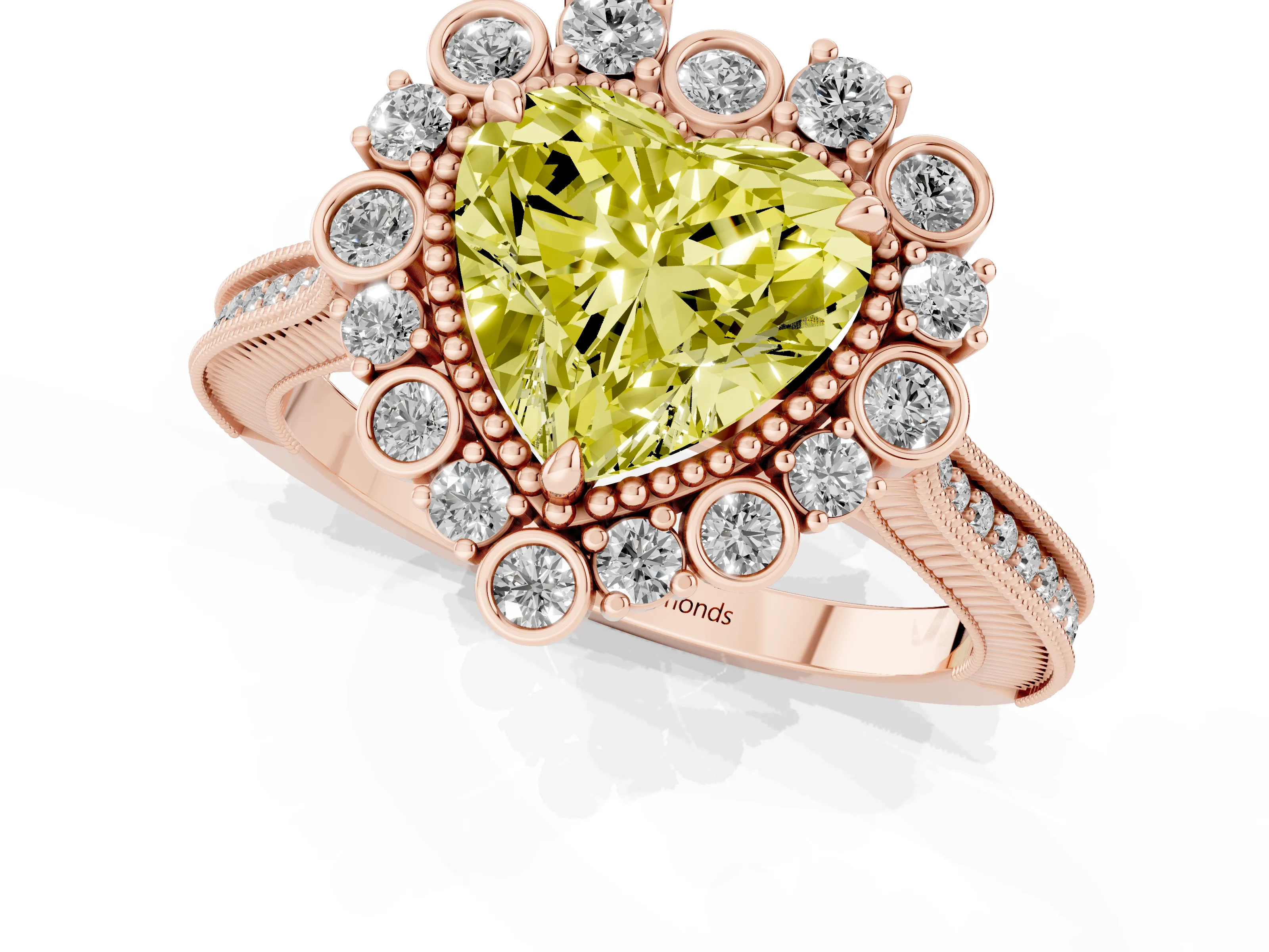 Fancy Yellow Heart Cut Diamond Halo Milgrain Pavé Ring Set in Rose gold with Prong Setting