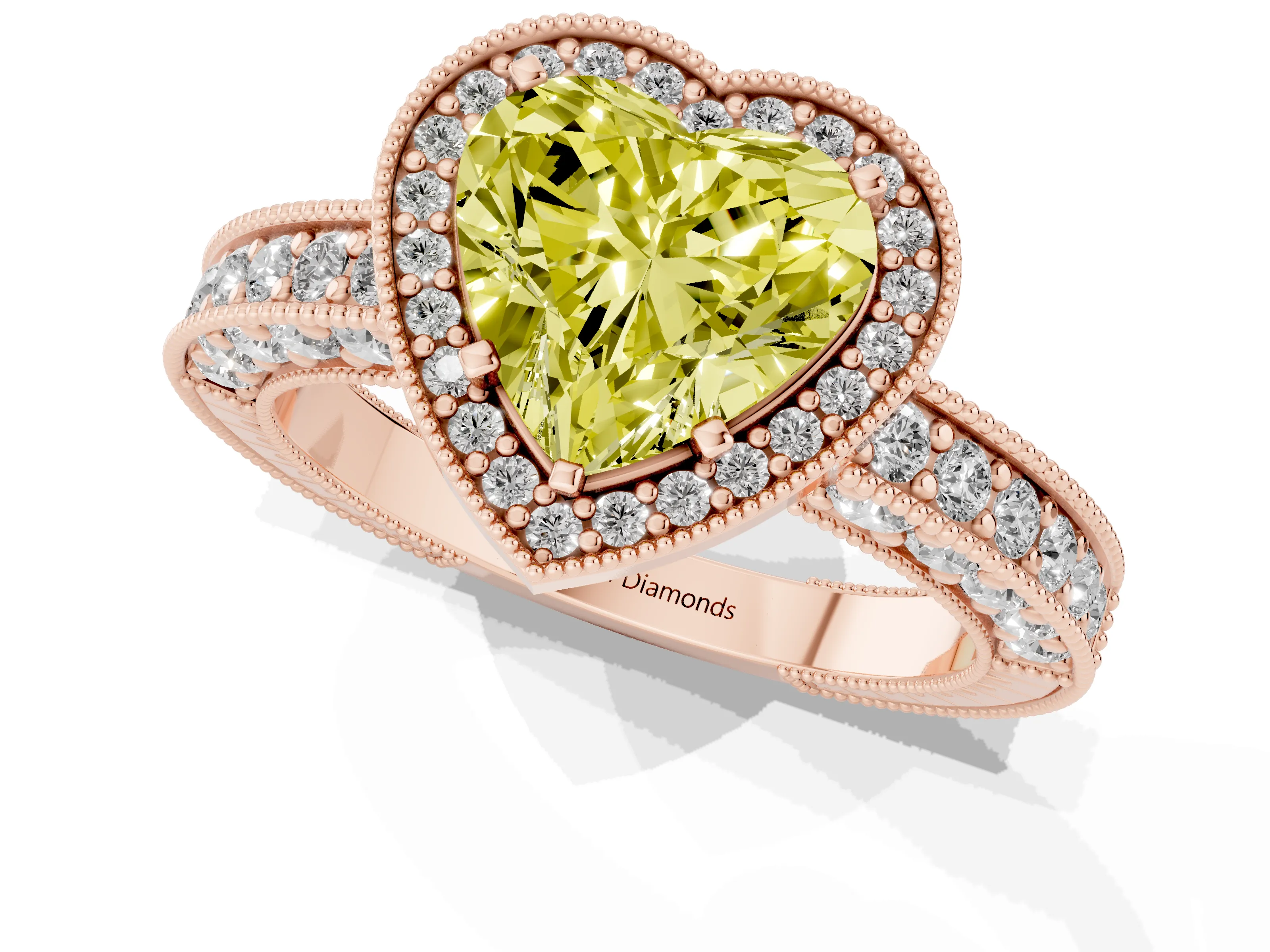 Fancy Yellow Heart Cut Diamond Halo Pavé Band Ring Set in Rose gold with Prong-Set Center
