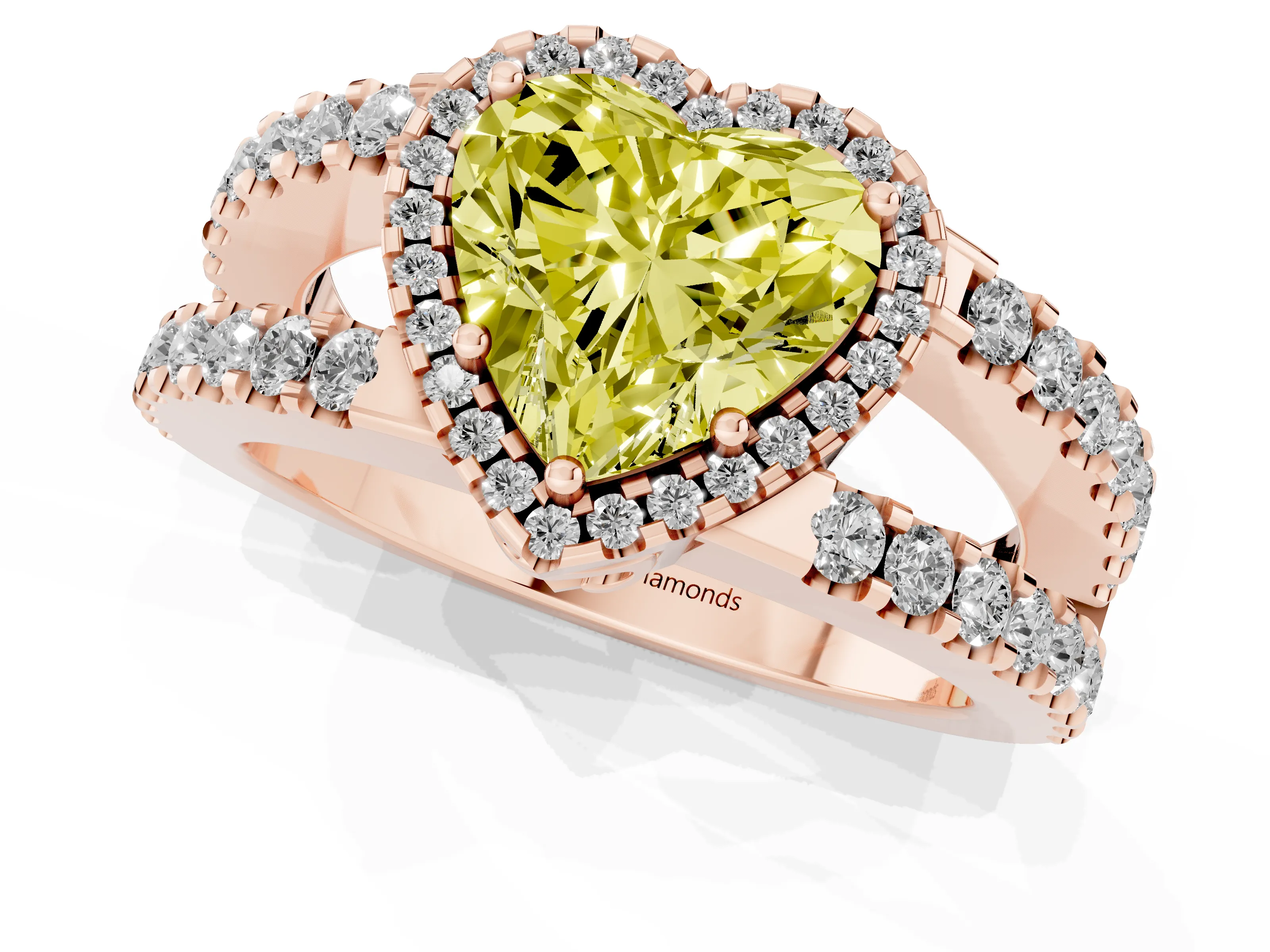 Fancy Yellow Heart Cut Diamond Halo Ring Set in Rose gold with Pavé Split Shank and Prong Setting