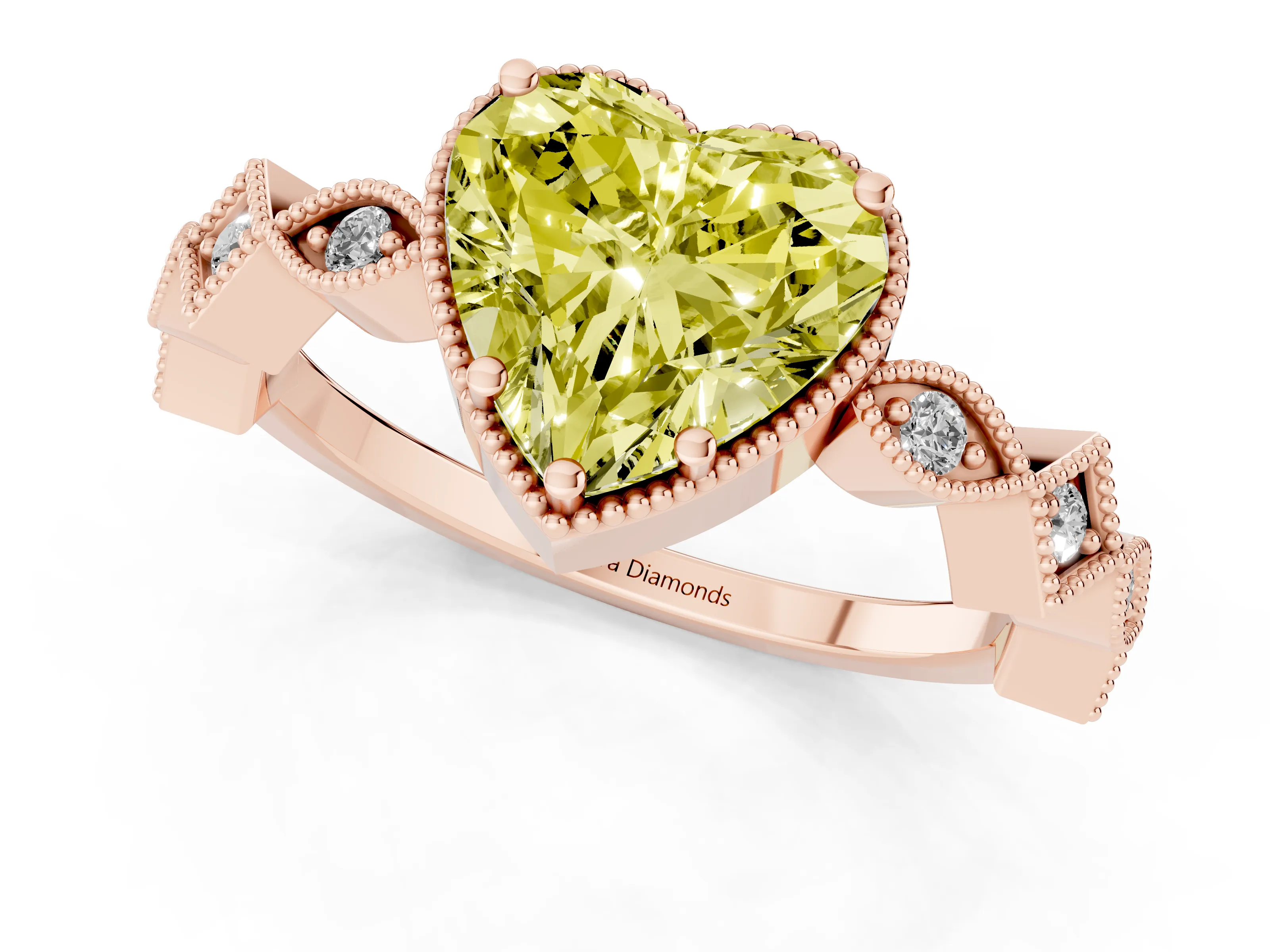 Fancy Yellow Heart Cut Diamond Milgrain Marquise Twist Band Ring Set in Rose gold with Prong Setting