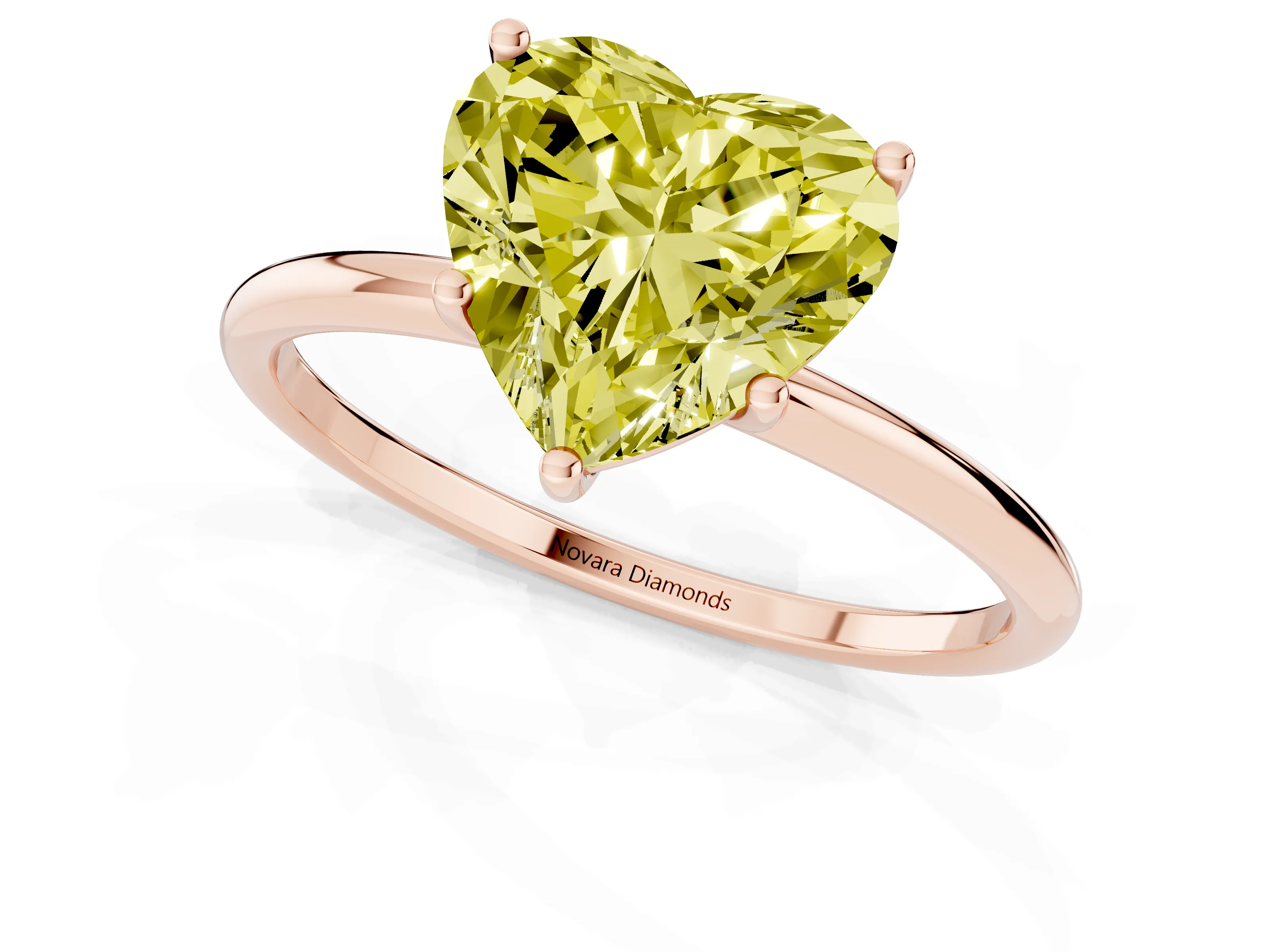 Fancy Yellow Heart Cut Diamond Solitaire Engagement Ring Set in Rose gold with Thin Band and Prong Setting