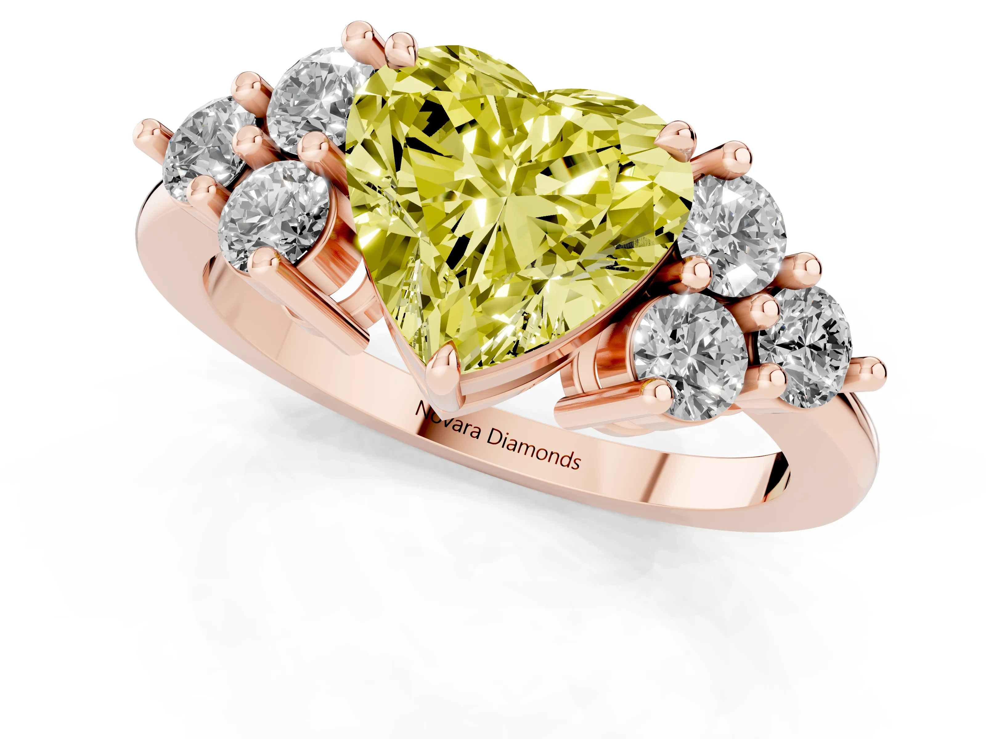Fancy Yellow Heart Cut Diamond Solitaire Ring Set in Rose gold with Cluster Accents on Each Side