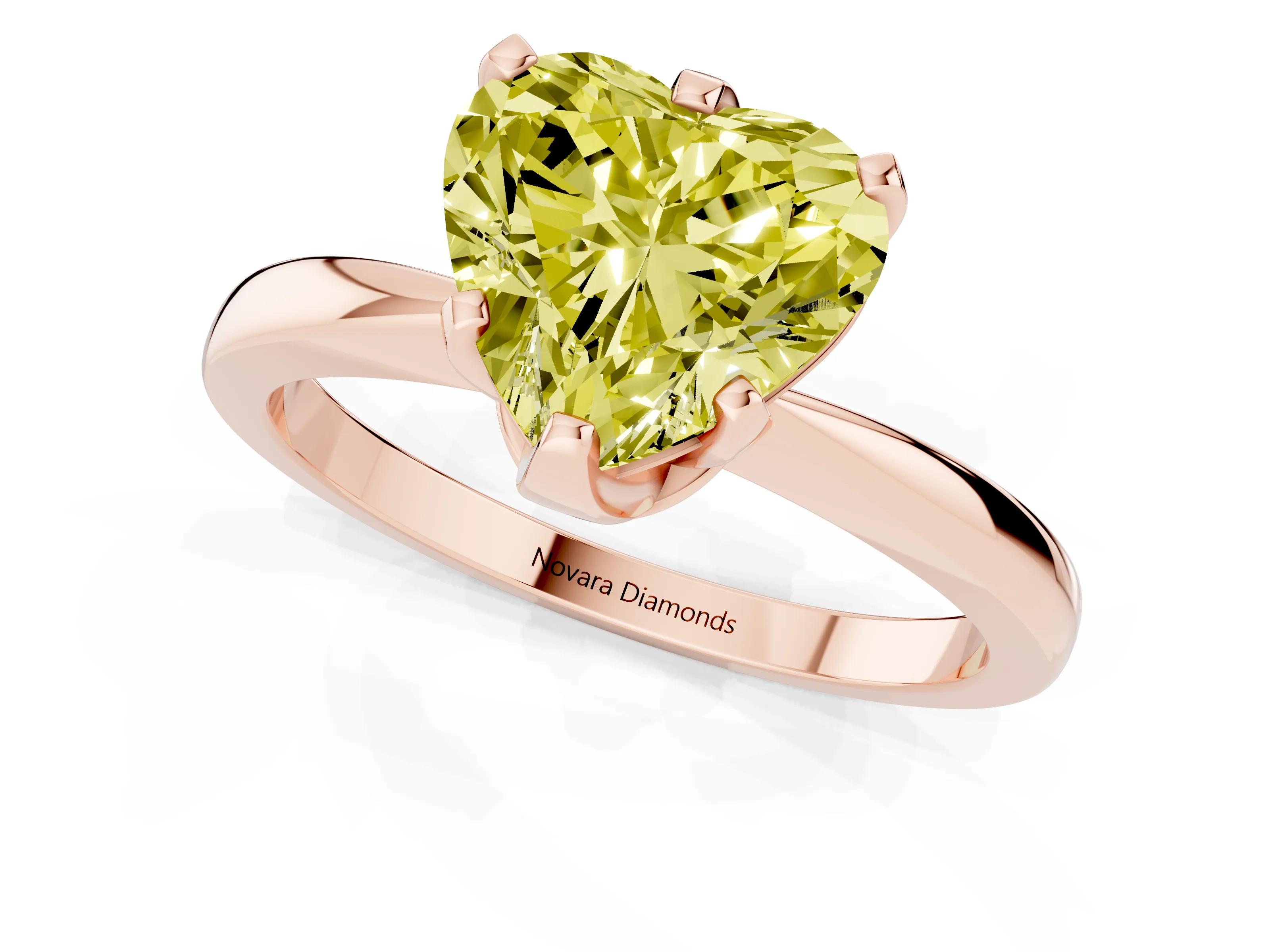 Fancy Yellow Heart Cut Diamond Solitaire Engagement Ring Set in Rose gold with Slim Tapered Solitaire Band