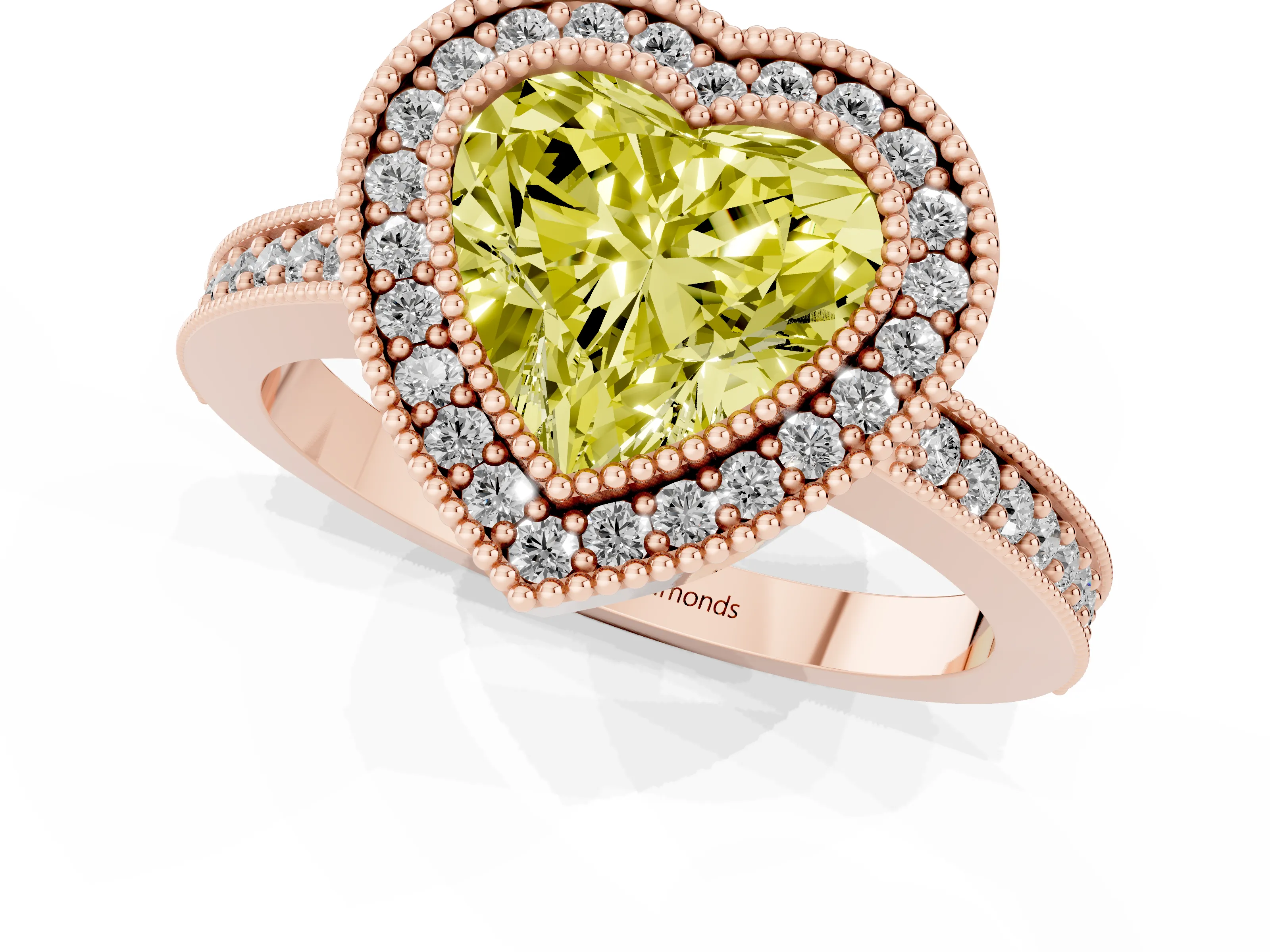 Fancy Yellow Heart Cut Diamond Halo Engagement Ring Set in Rose gold with Pavé Band and Round Halo Stones