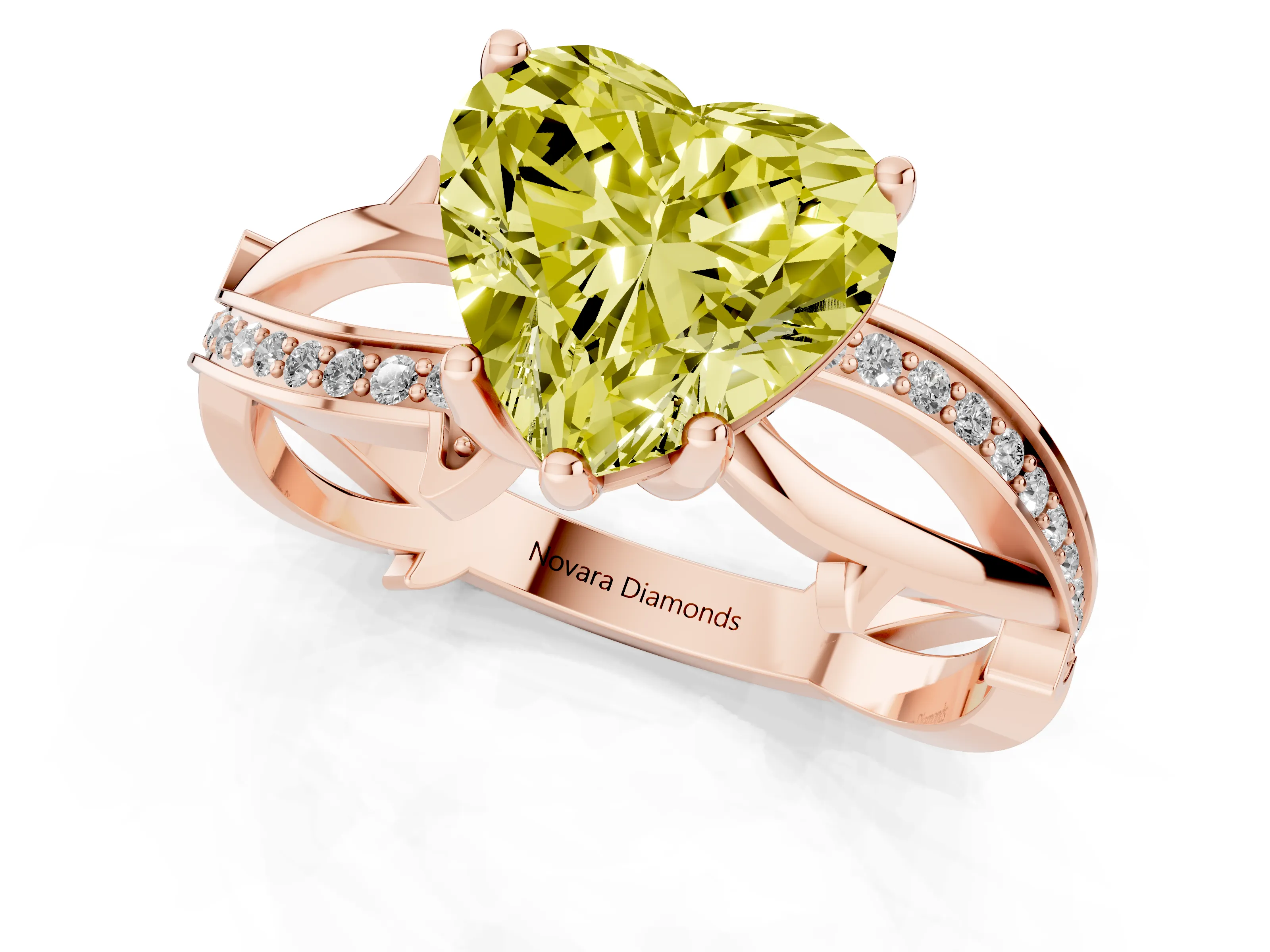 Fancy Yellow Heart Cut Diamond Pavé Twist Band Solitaire Ring Set in Rose gold with Prong Setting