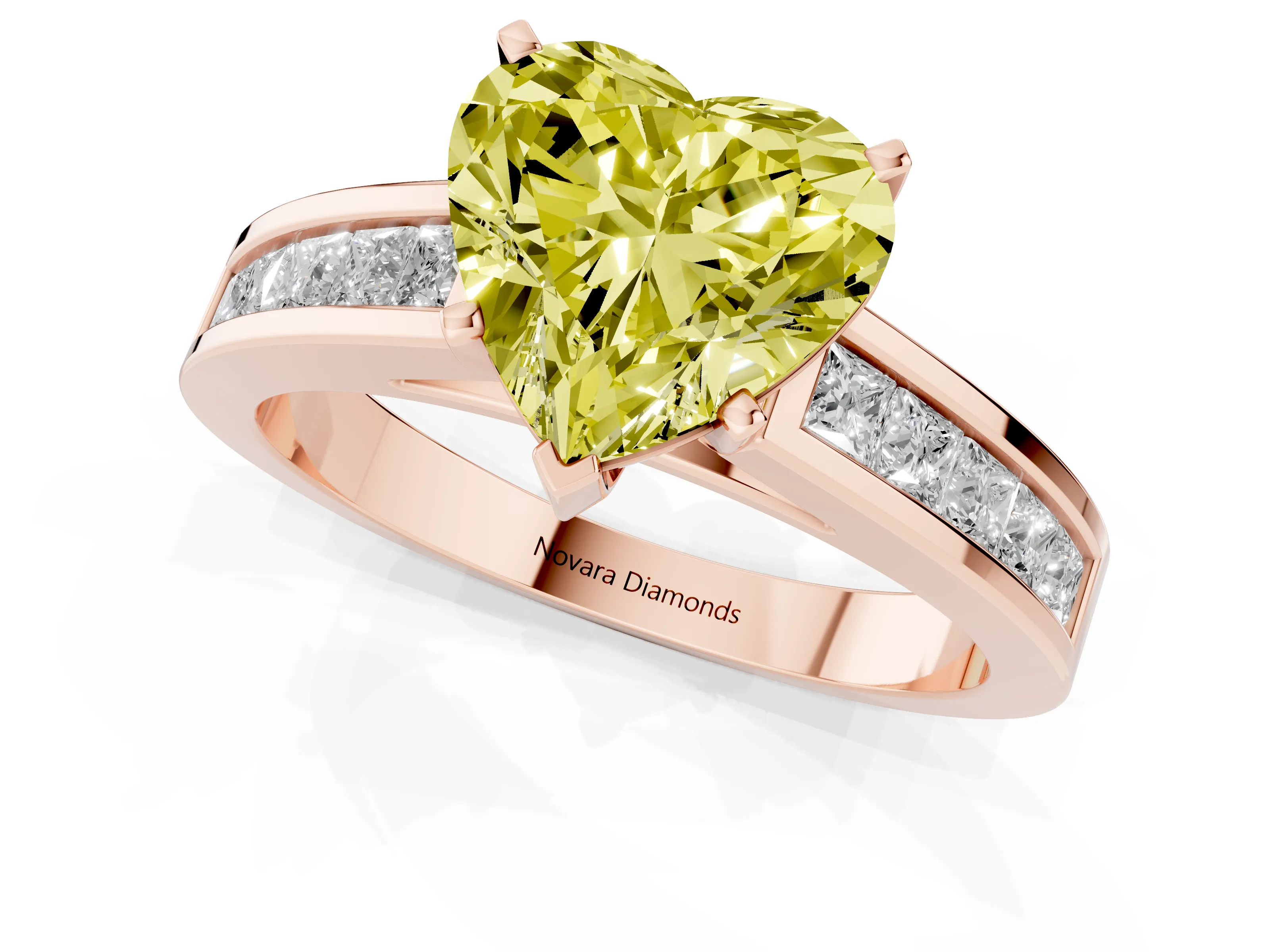 Fancy Yellow Heart Cut Diamond Solitaire Ring Set in Rose gold with Channel-Set Band and Prong Setting