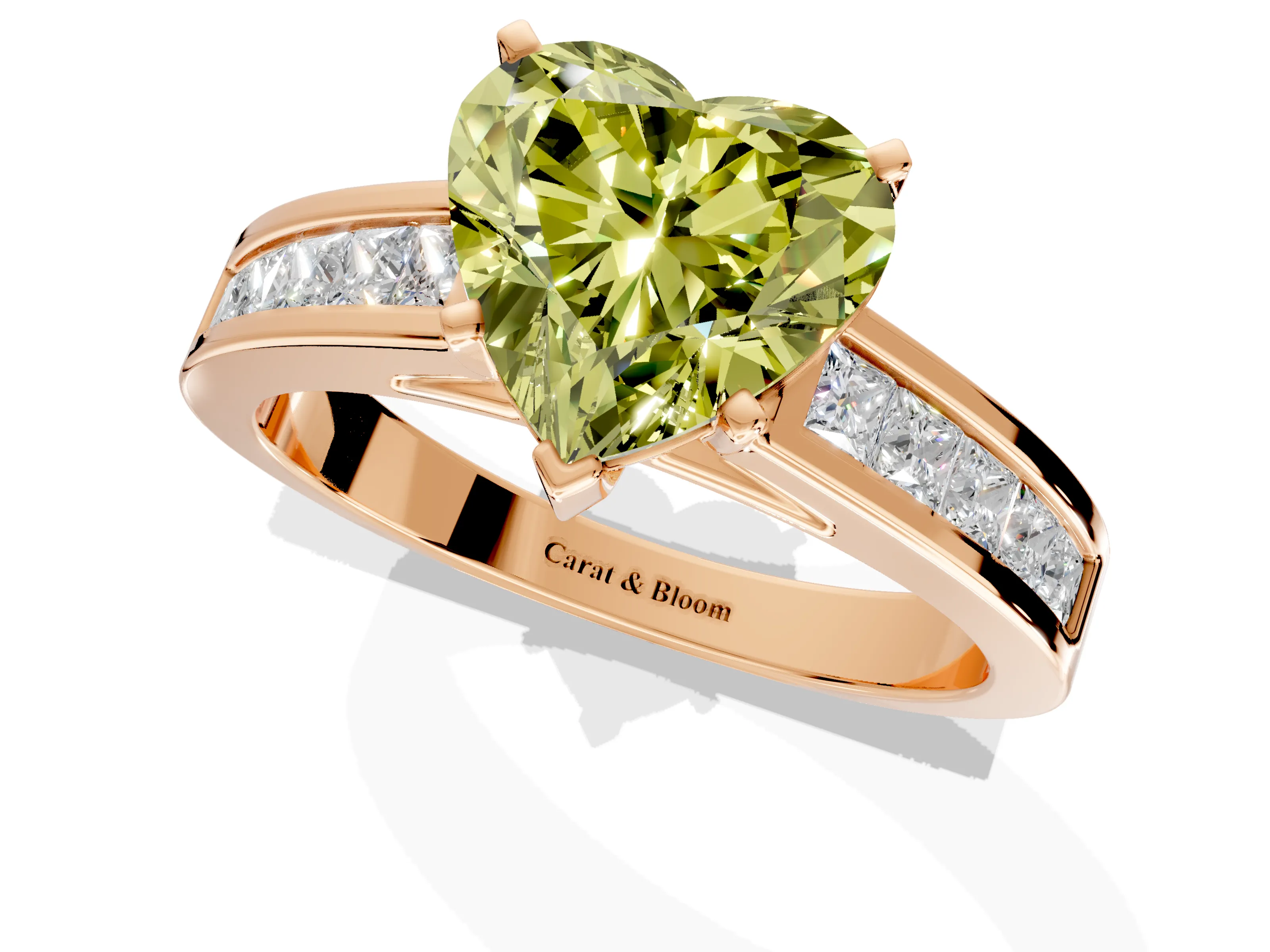 Solitaire Engagement Ring Setting for Fancy Yellow Heart-Shaped Center with Princess Cut Channel Band and Prong Head in Rose Gold