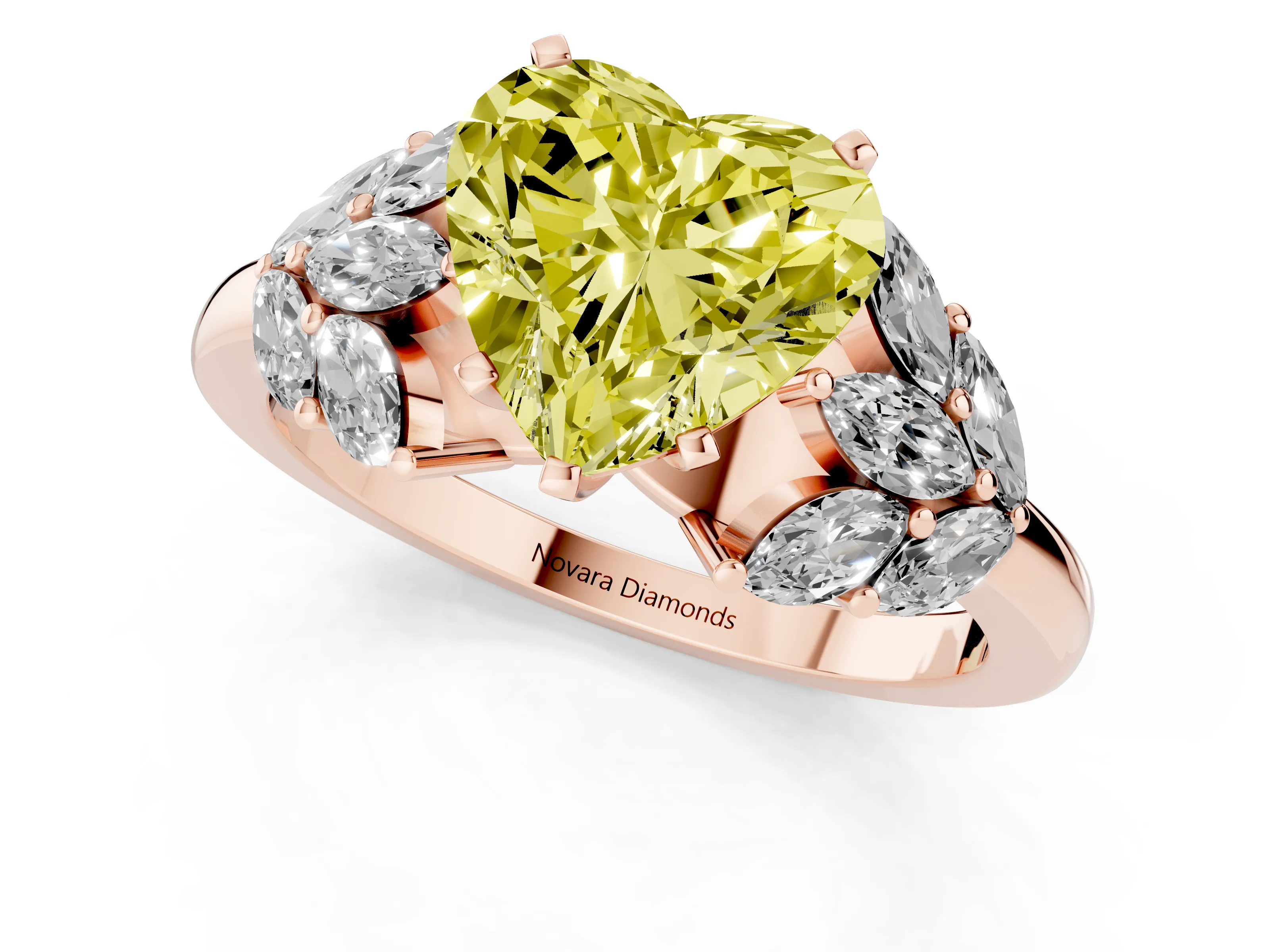 Fancy Yellow Heart Cut Diamond Cluster Leaf Design Ring Set in Rose gold with Prong Setting