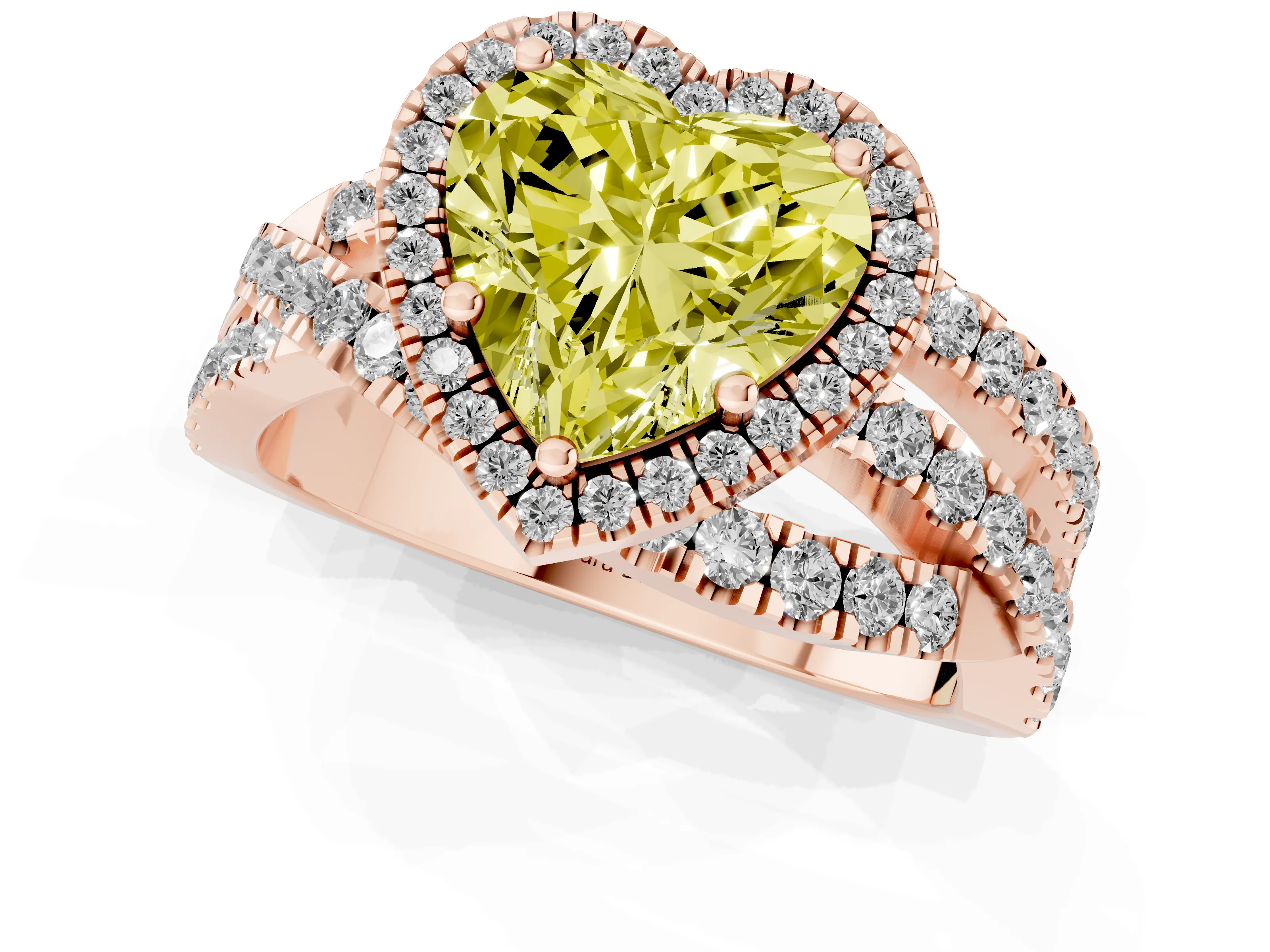 Fancy Yellow Heart Cut Diamond Halo Ring Set in Rose gold with Round Crossover Split Shank and Prong Setting