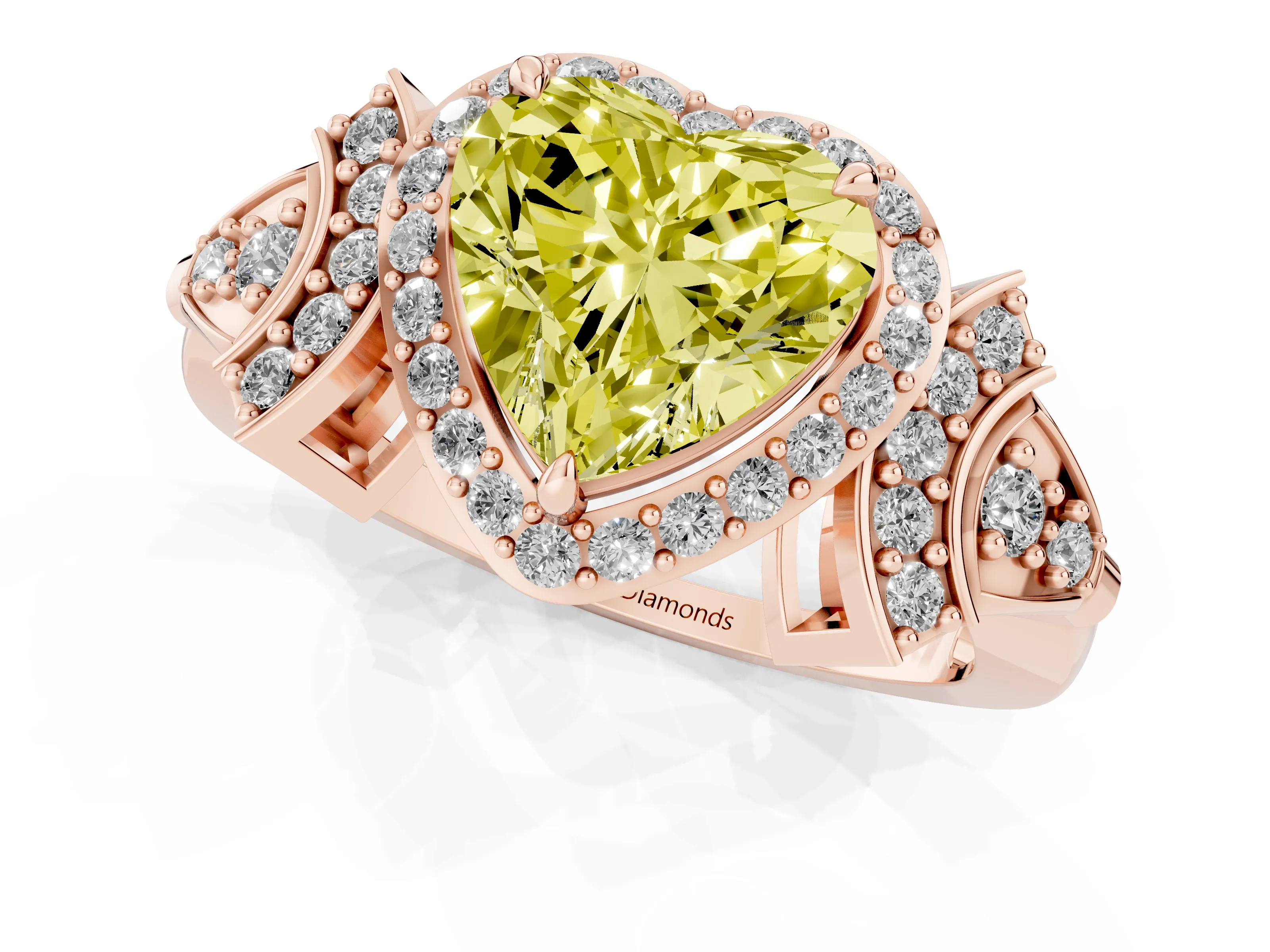 Fancy Yellow Heart Cut Diamond Halo Engagement Ring Set in Rose gold with Accent Stone Split Shank