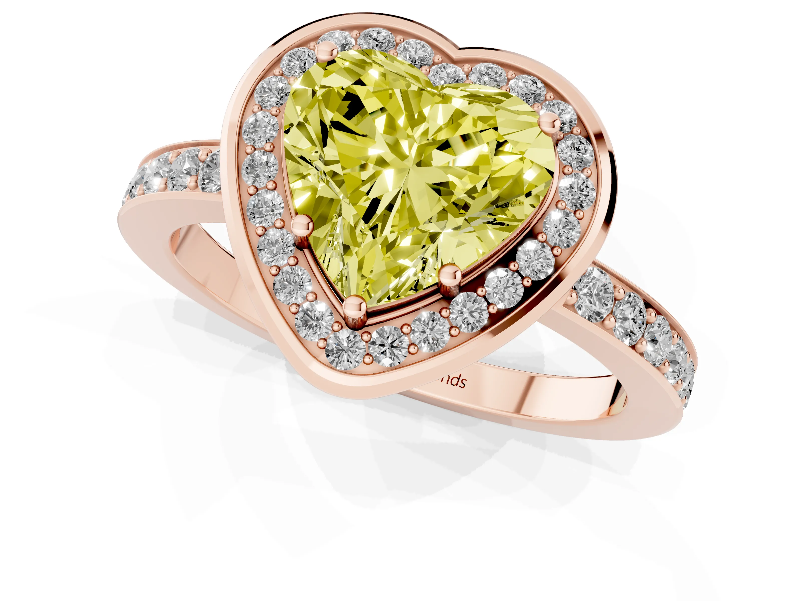 Fancy Yellow Heart Cut Diamond Halo Ring Set in Rose gold with Bezel Frame and Pavé Band