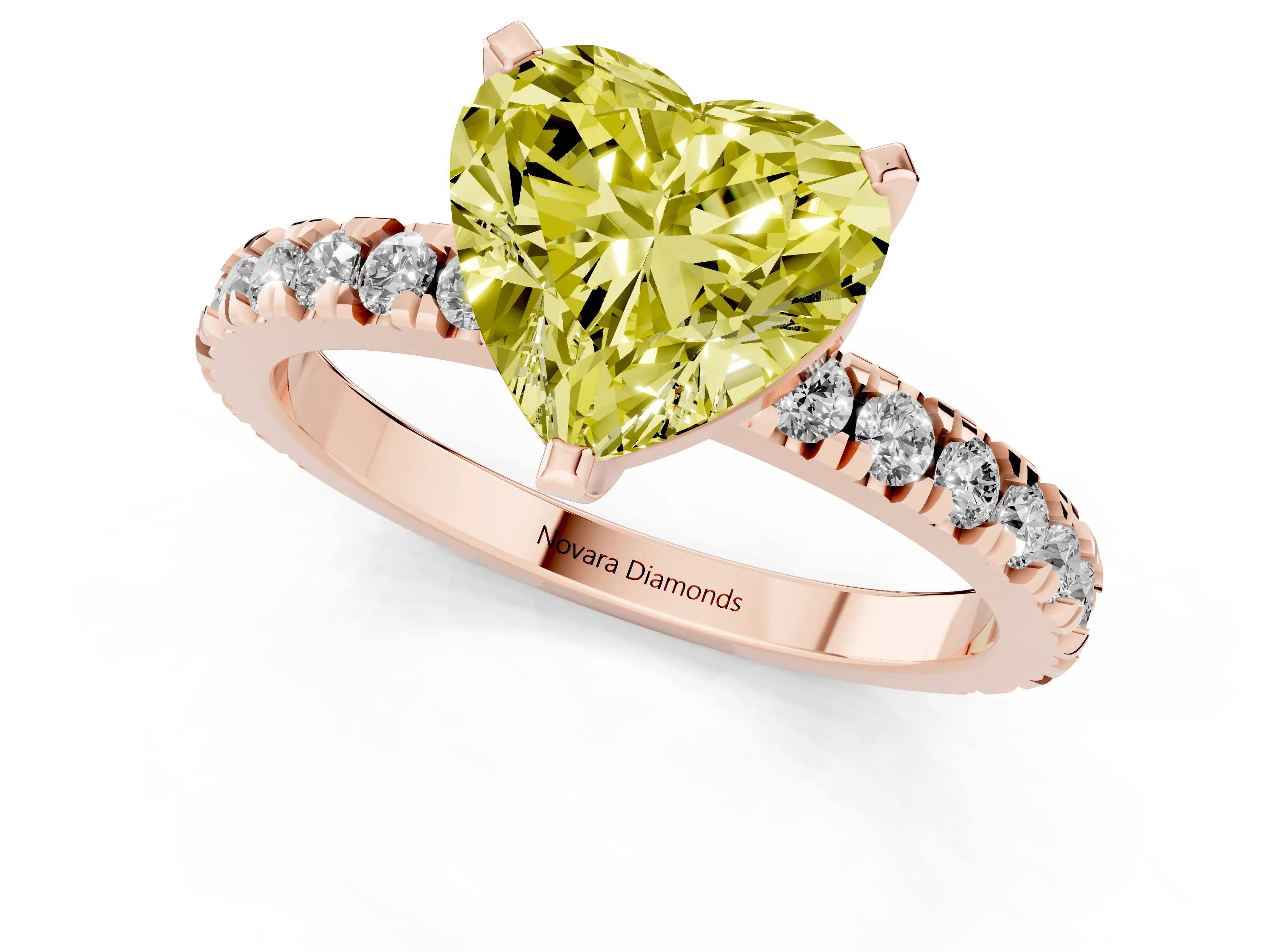 Fancy Yellow Heart Cut Diamond Pavé Band Solitaire Set in Rose gold with Prong Setting