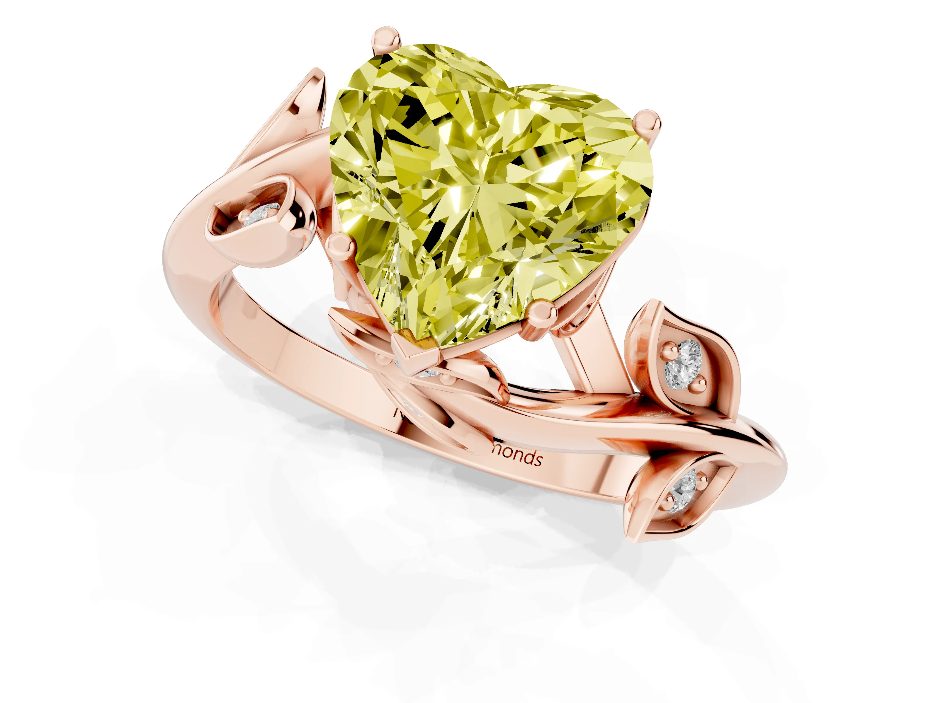 Fancy Yellow Heart Cut Diamond Solitaire Twist Engagement Ring Set in Rose gold with Pavé Leaf Accents