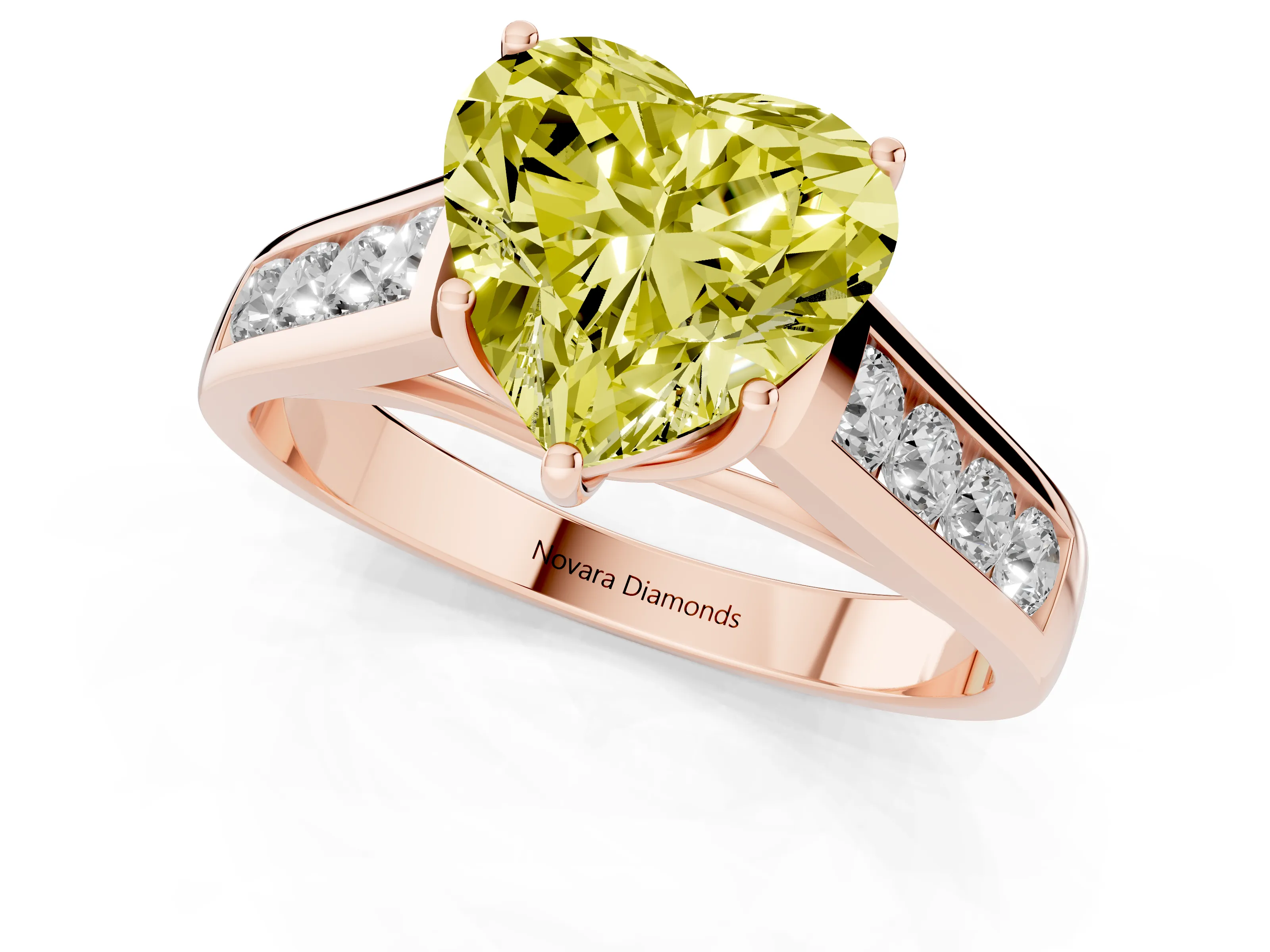 Fancy Yellow Heart Cut Diamond Solitaire Channel-Set Engagement Ring Set in Rose gold with Prong Setting