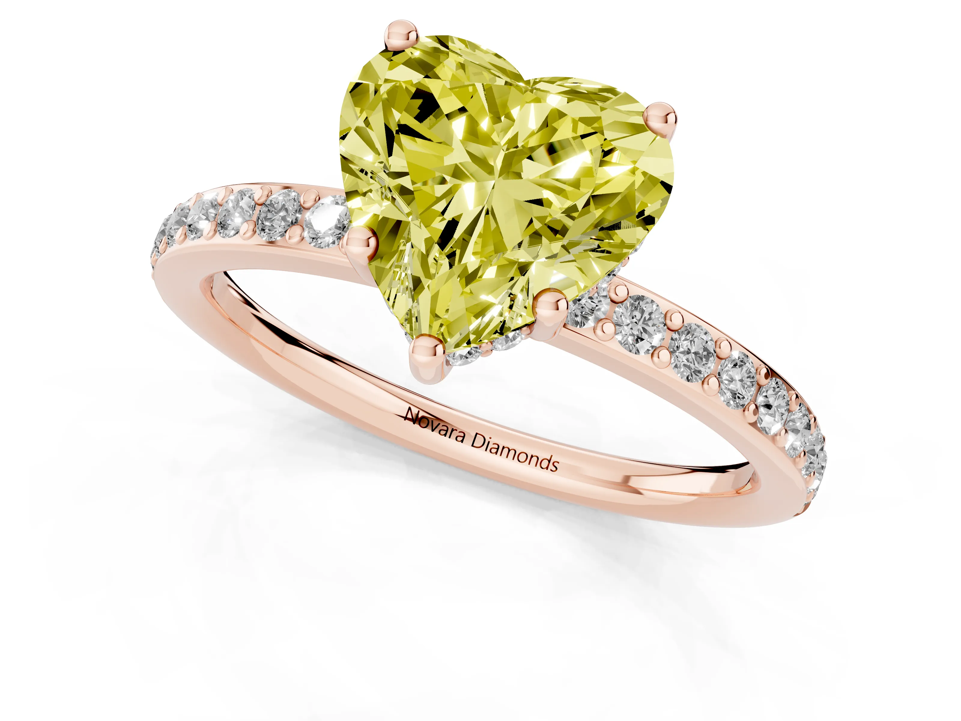 Fancy Yellow Heart Cut Diamond Pavé Band Ring Set in Rose gold with Prong-Set Center Stone
