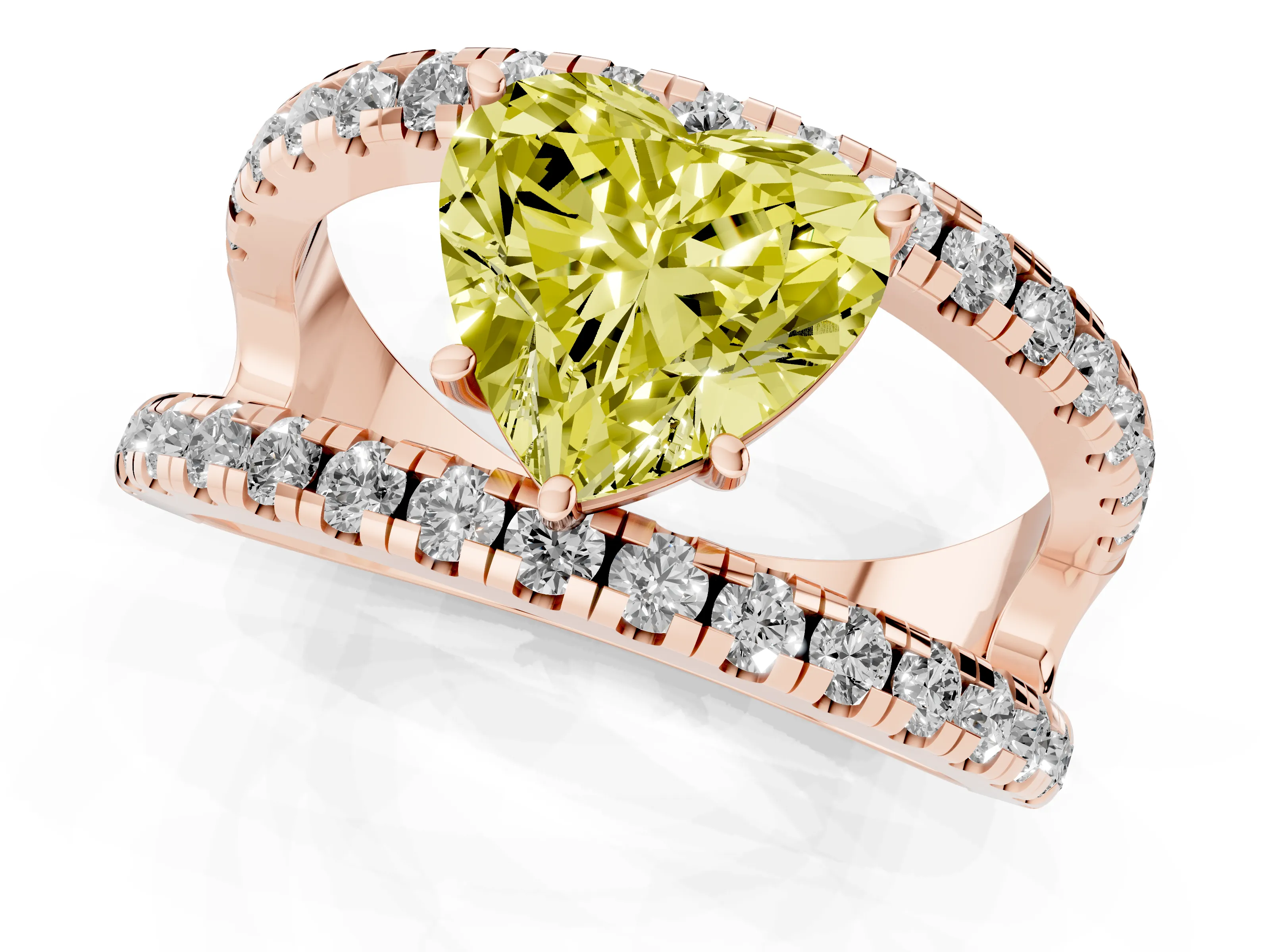 Fancy Yellow Heart Cut Diamond Split Shank Pavé Solitaire Ring Set in Rose gold with Open Shank Design