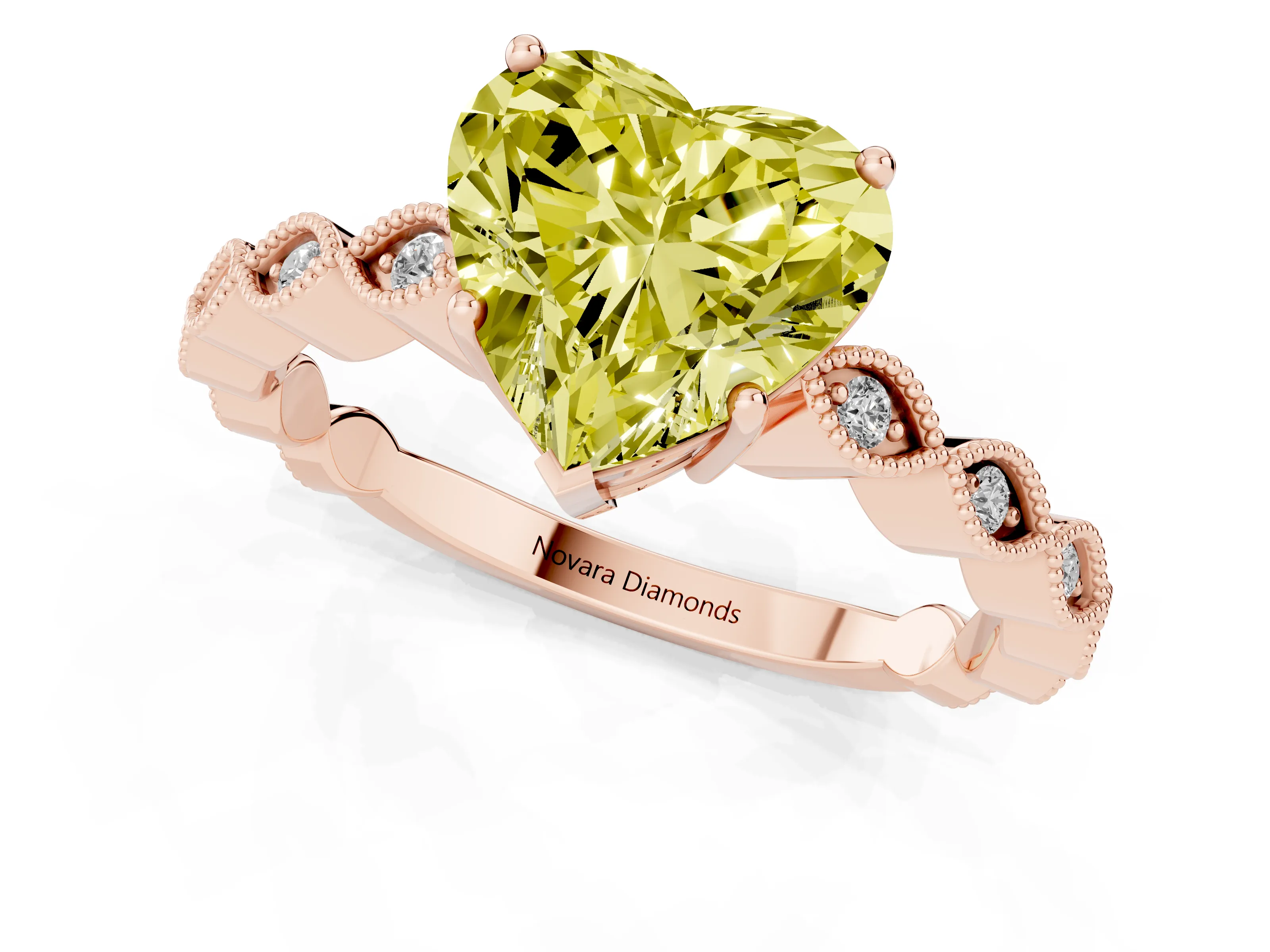 Fancy Yellow Heart Cut Diamond Solitaire Ring Set in Rose gold with Infinity Twist Pavé Band