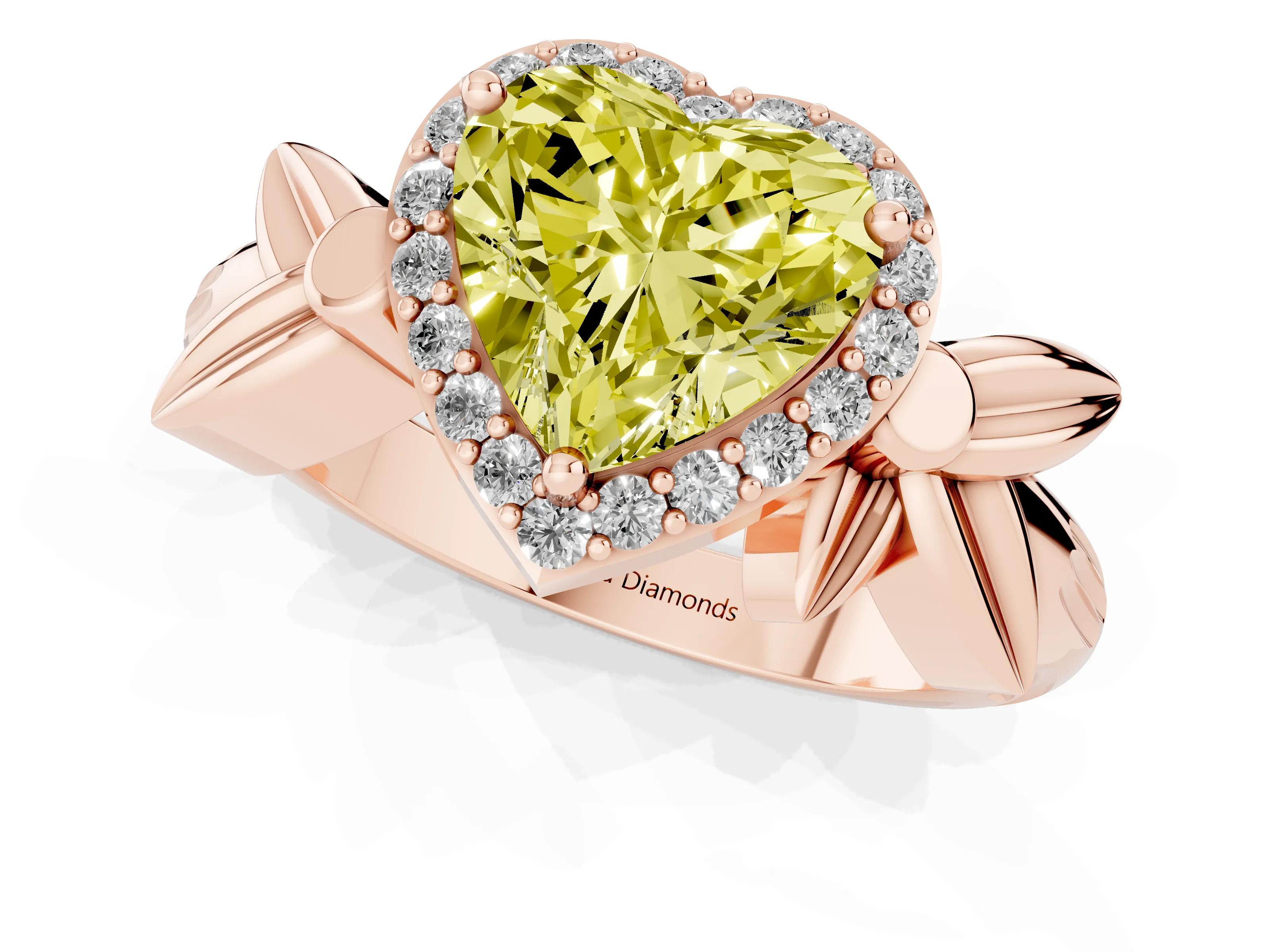 Fancy Yellow Heart Cut Diamond Halo Floral Band Ring Set in Rose gold with Prong Setting