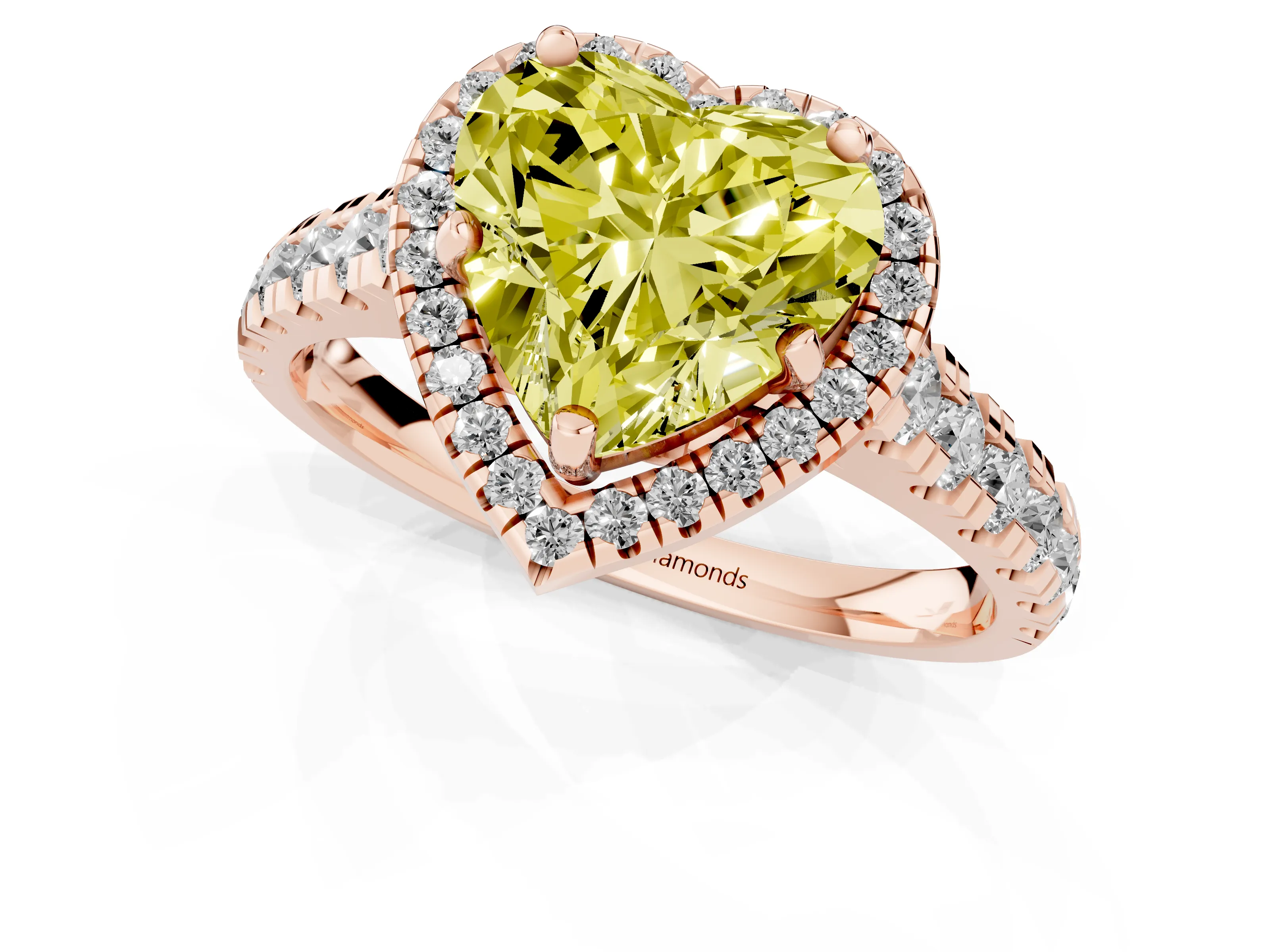 Fancy Yellow Heart Cut Diamond Halo Engagement Ring Set in Rose gold with Pavé Band and Prong-Set Center