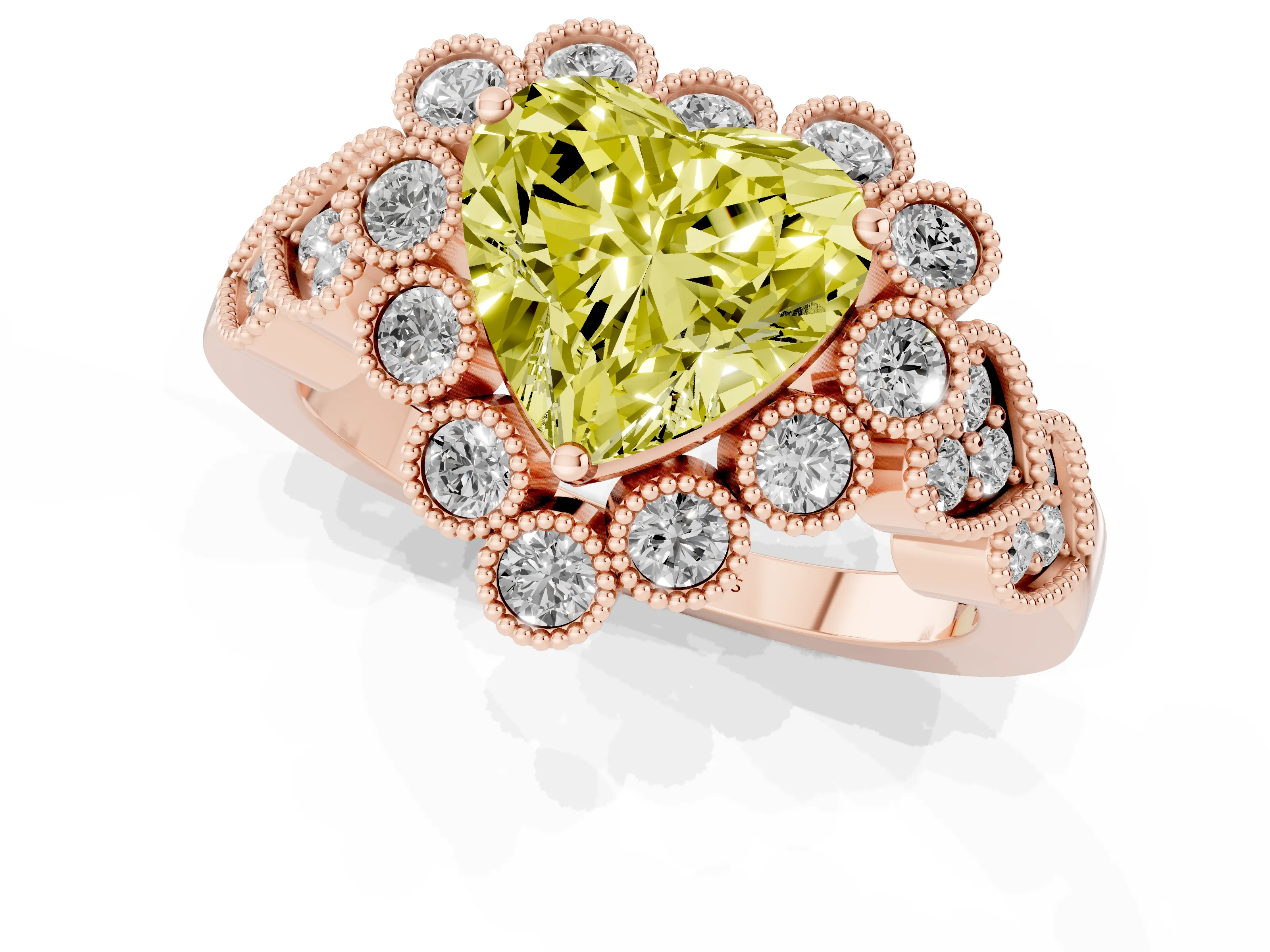 Fancy Yellow Heart Cut Diamond Solitaire Ring Set in Rose gold with Milgrain Pavé Heart Band