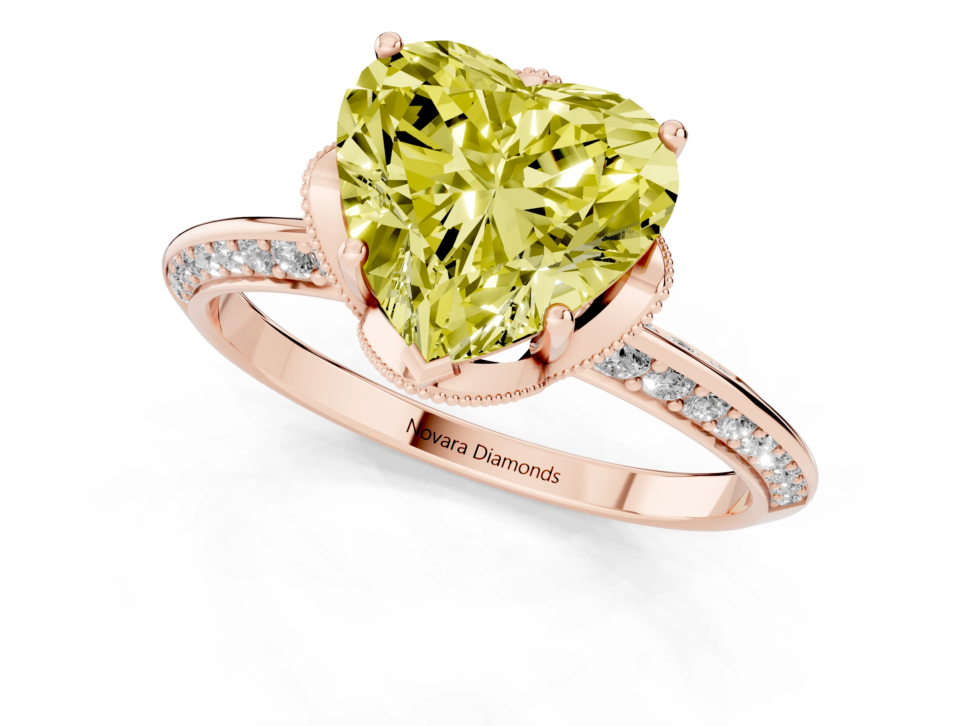 Fancy Yellow Heart Cut Diamond Solitaire Engagement Ring Set in Rose gold with Pavé Split Shank and Prong Setting