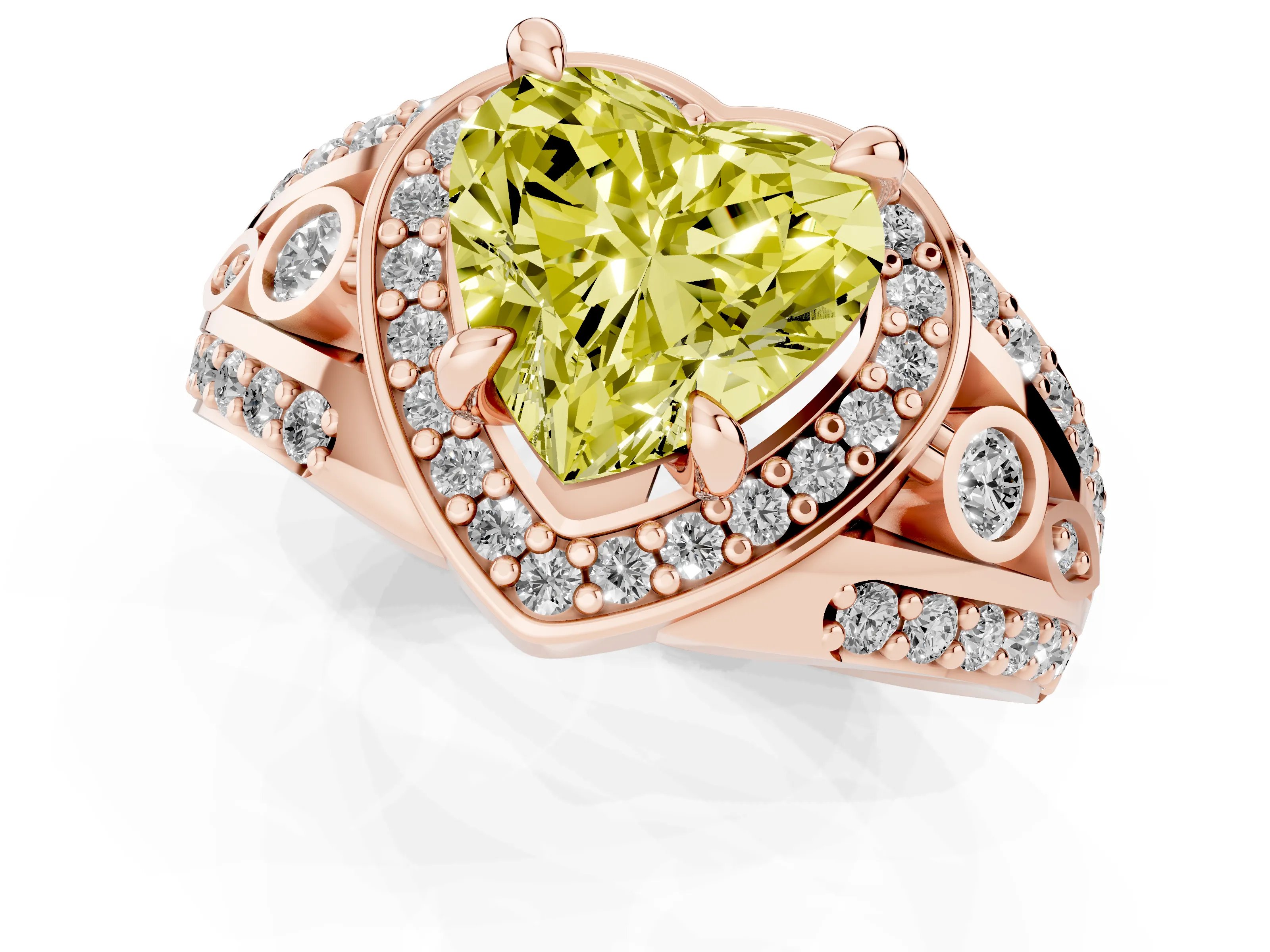 Fancy Yellow Heart Cut Diamond Halo Ring Set in Rose gold with Pavé Split Shank and Bezel Accents