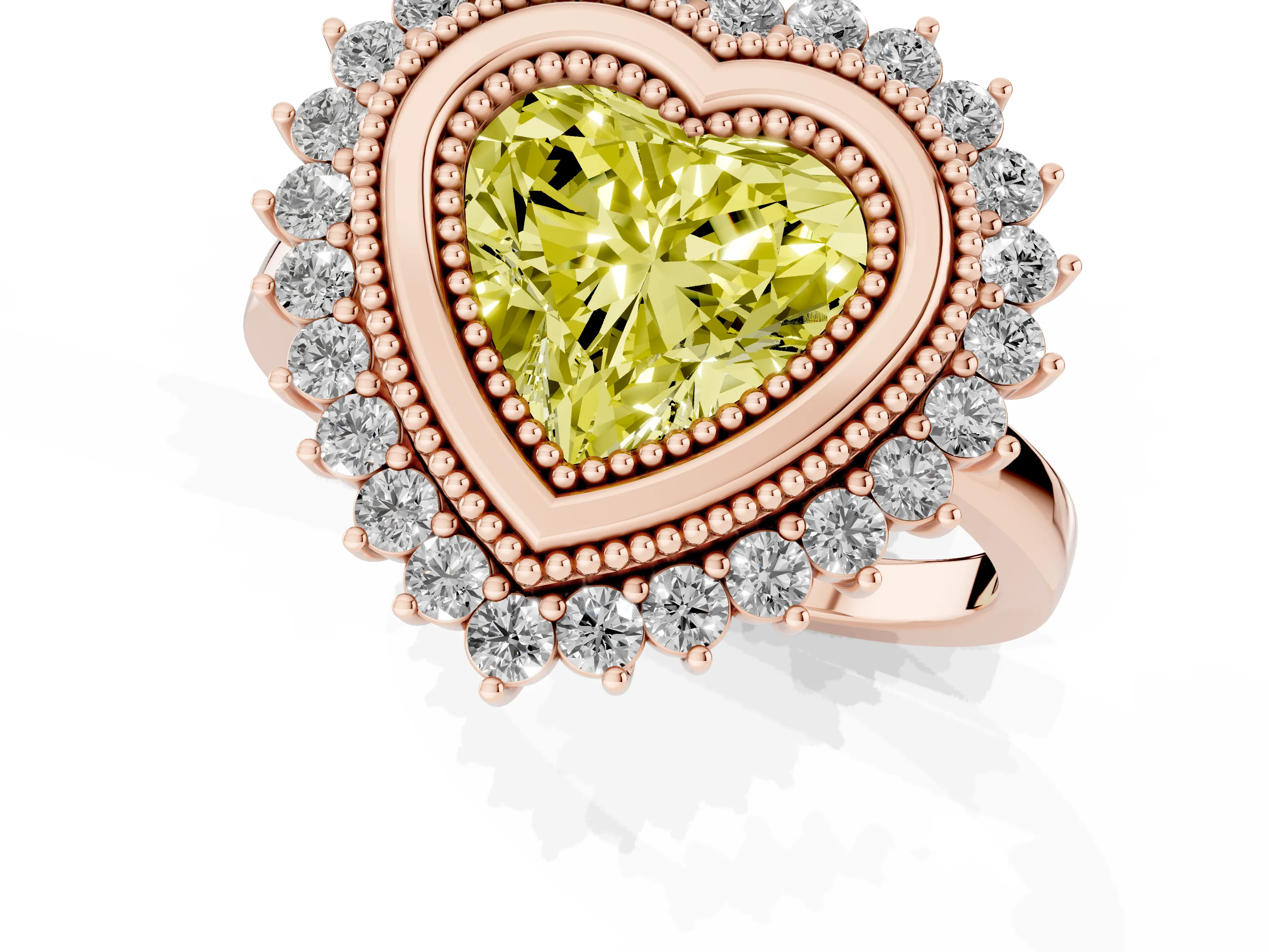 Fancy Yellow Heart Cut Diamond Halo Ring Set in Rose gold with Milgrain Edge and Round Prong Setting