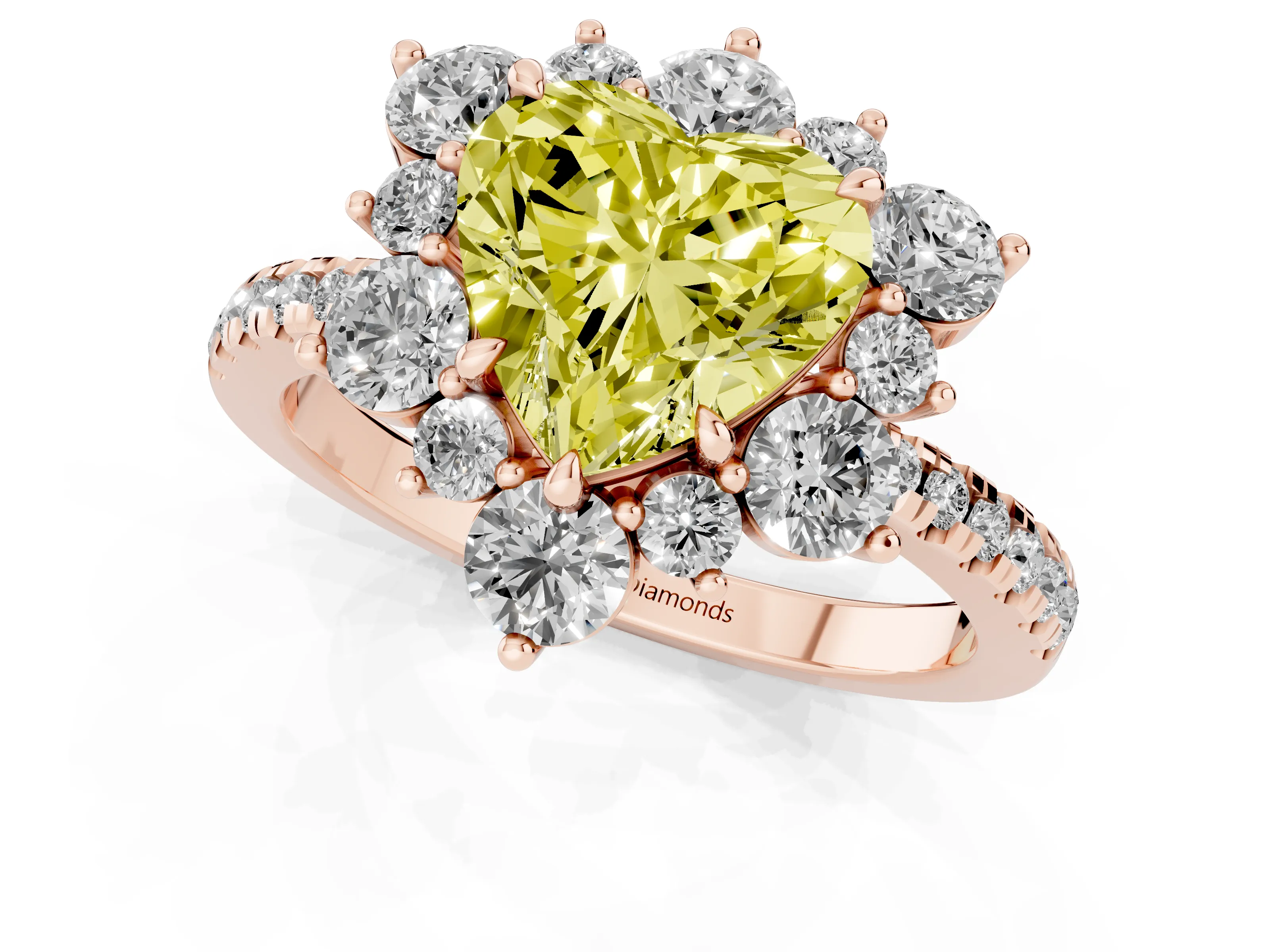 Fancy Yellow Heart Cut Diamond Floral Halo Ring Set in Rose gold with Round Pavé Band and Prong Setting