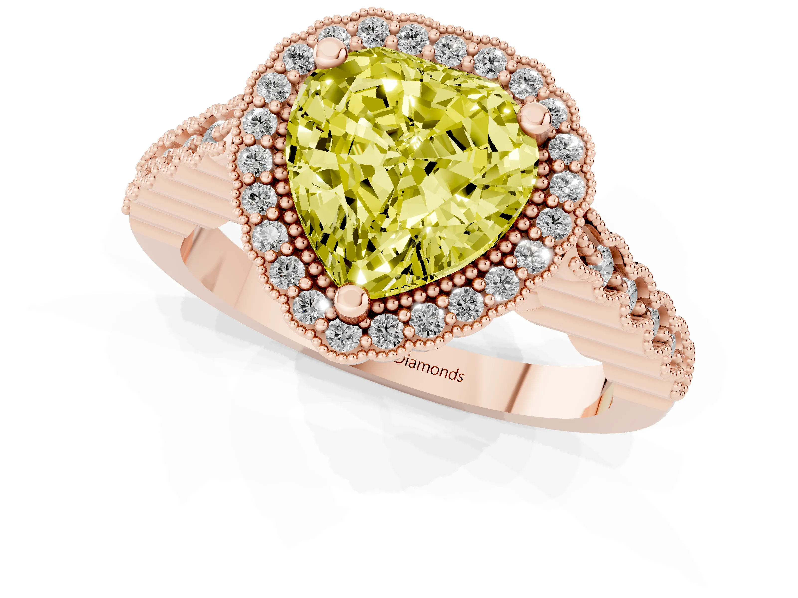 Fancy Yellow Heart Cut Diamond Halo Ring Set in Rose gold with Pavé Milgrain Band