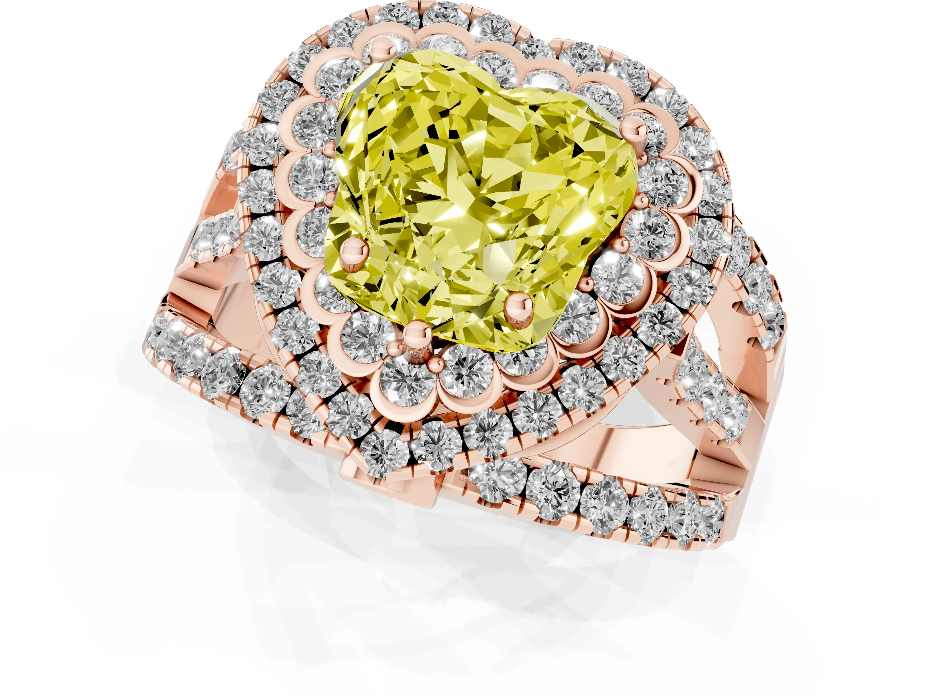 Fancy Yellow Heart Cut Diamond Double Halo Ring Set in Rose gold with Round Pavé Split Shank