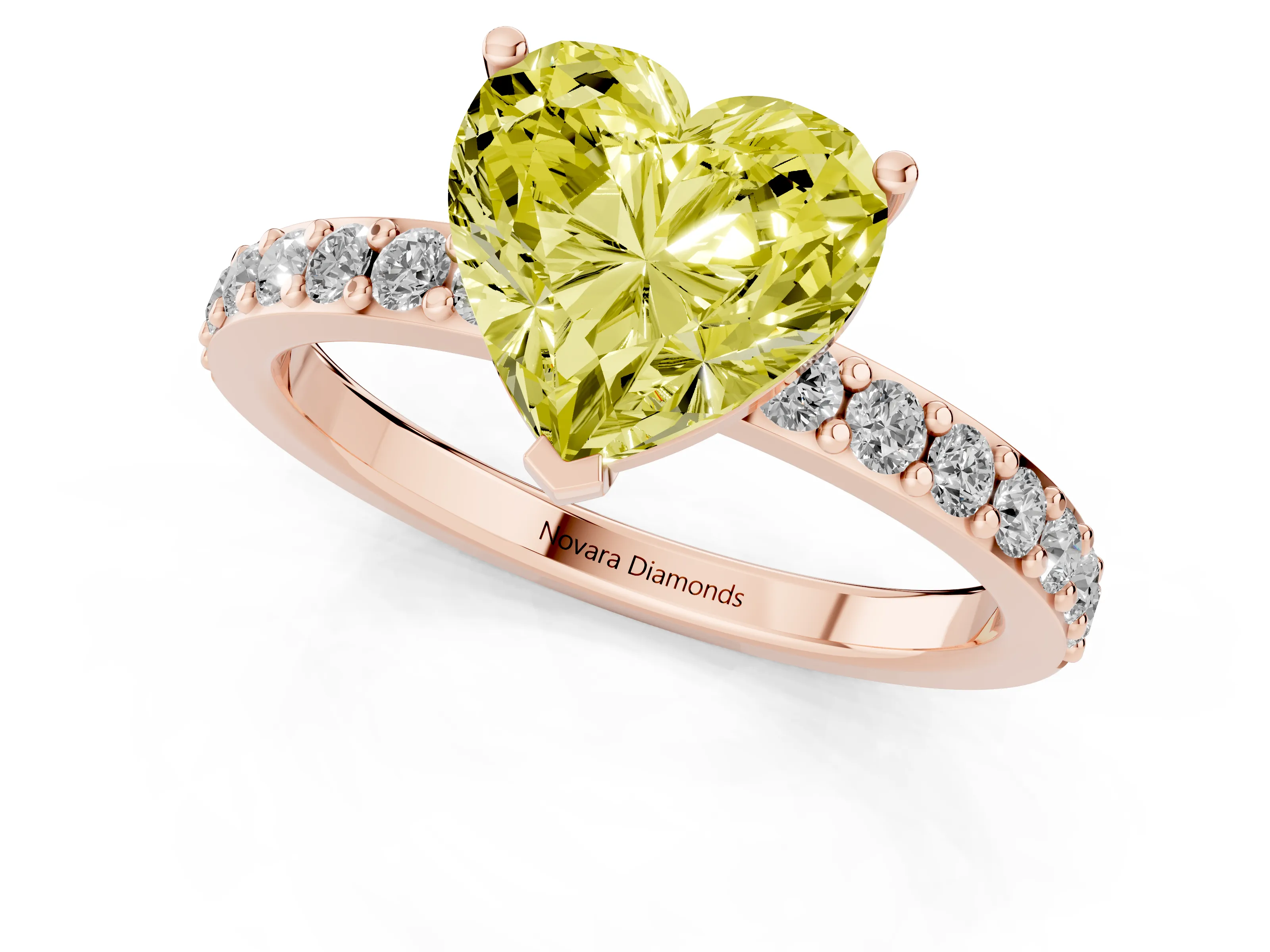 Fancy Yellow Heart Cut Diamond Solitaire Set in Rose gold with Round Pavé Band and Prong Setting