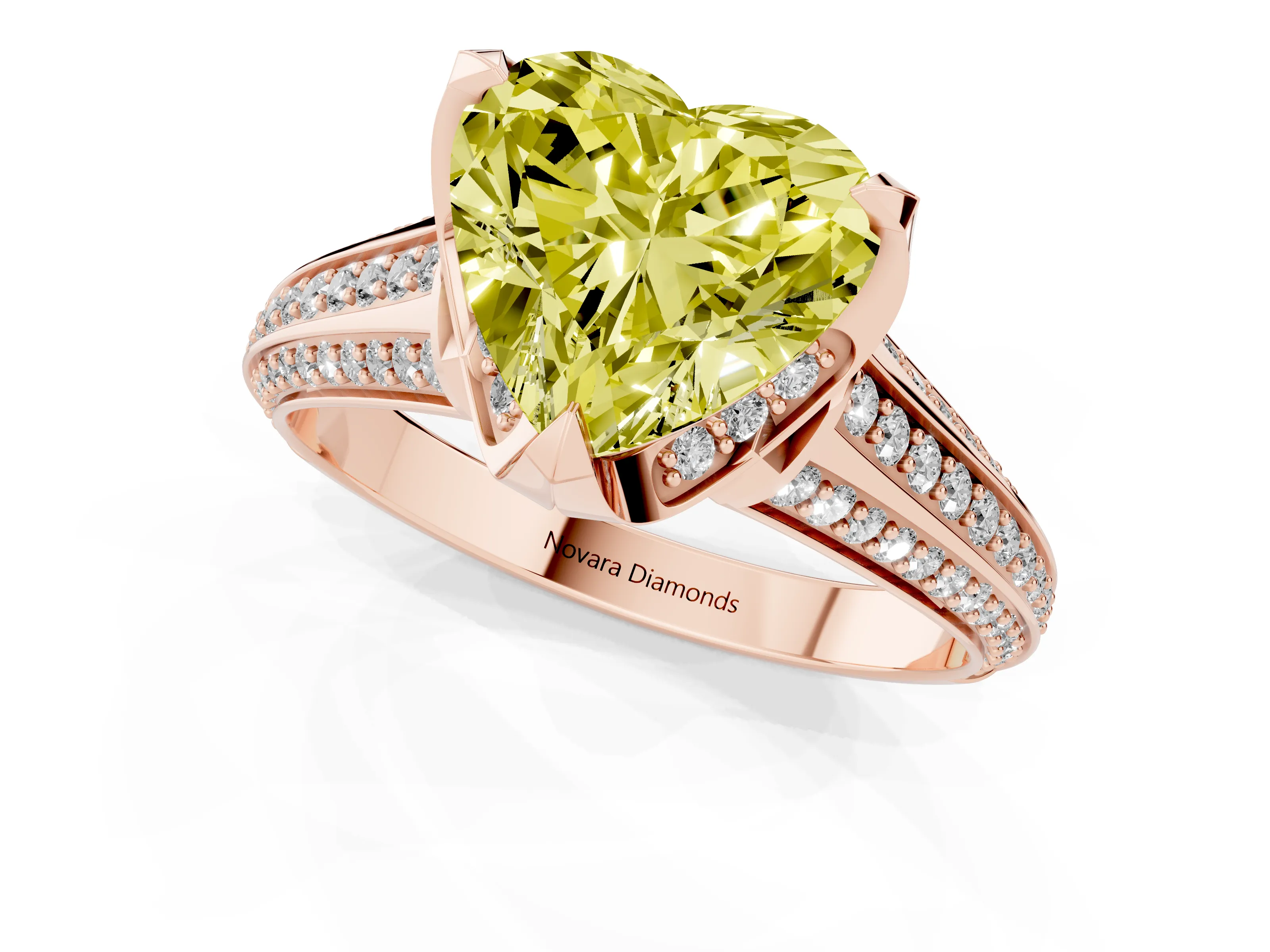 Fancy Yellow Heart Cut Diamond Pavé Split Shank Solitaire Ring Set in Rose gold with Prong Setting