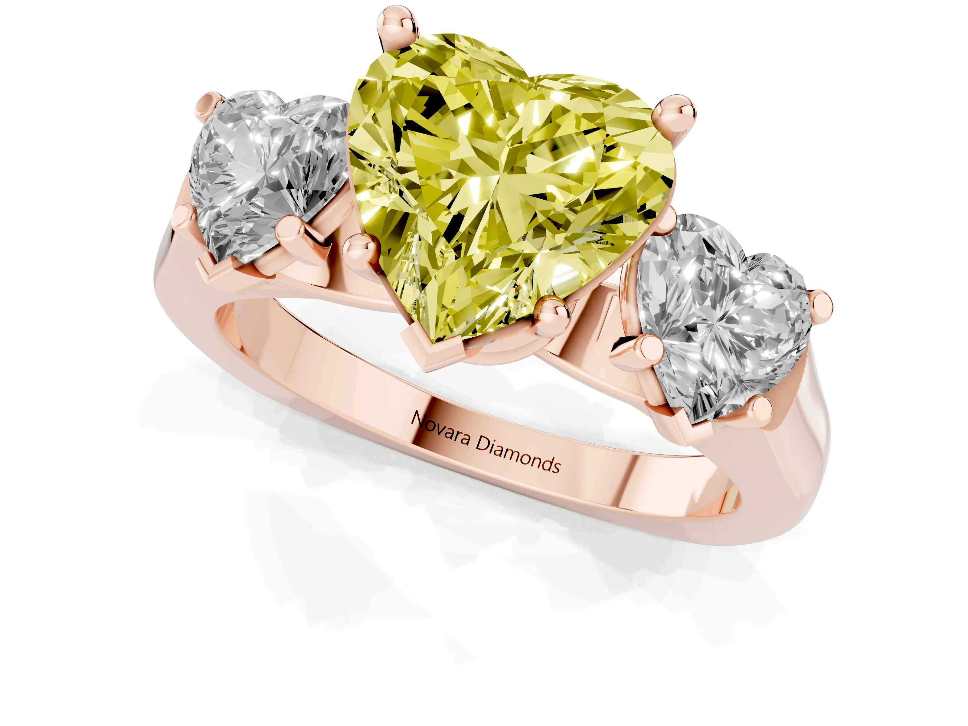 Fancy Yellow Heart Cut Diamond Three-Stone Trellis Ring Set in Rose gold with Comfort Fit Band