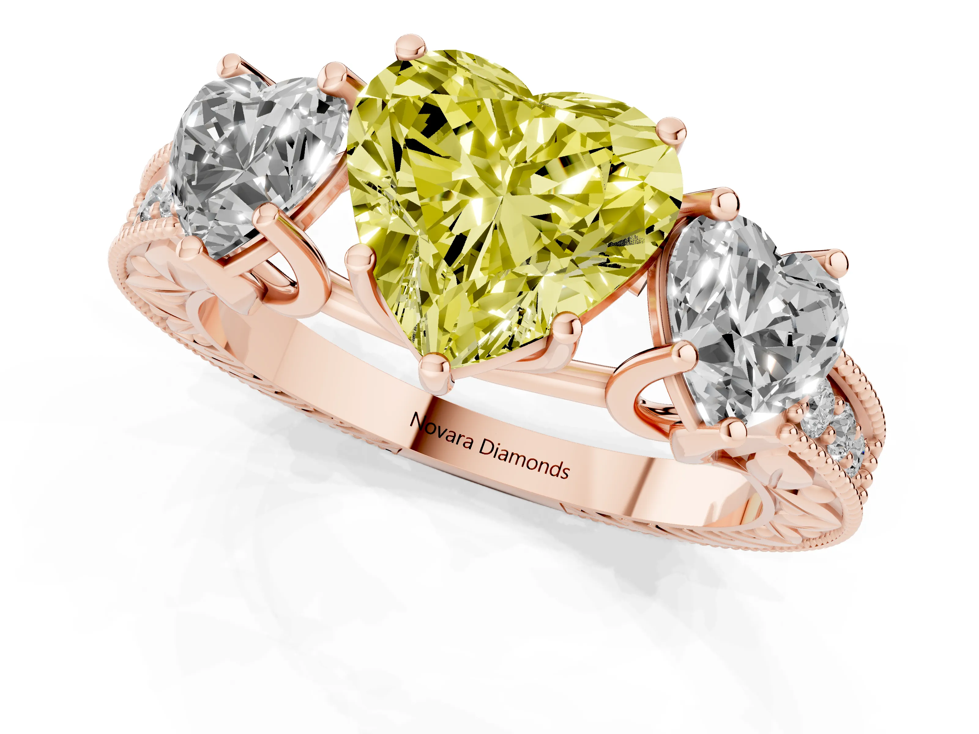 Fancy Yellow Heart Cut Diamond Three-Stone Engagement Ring Set in Rose gold with Milgrain Pavé Band