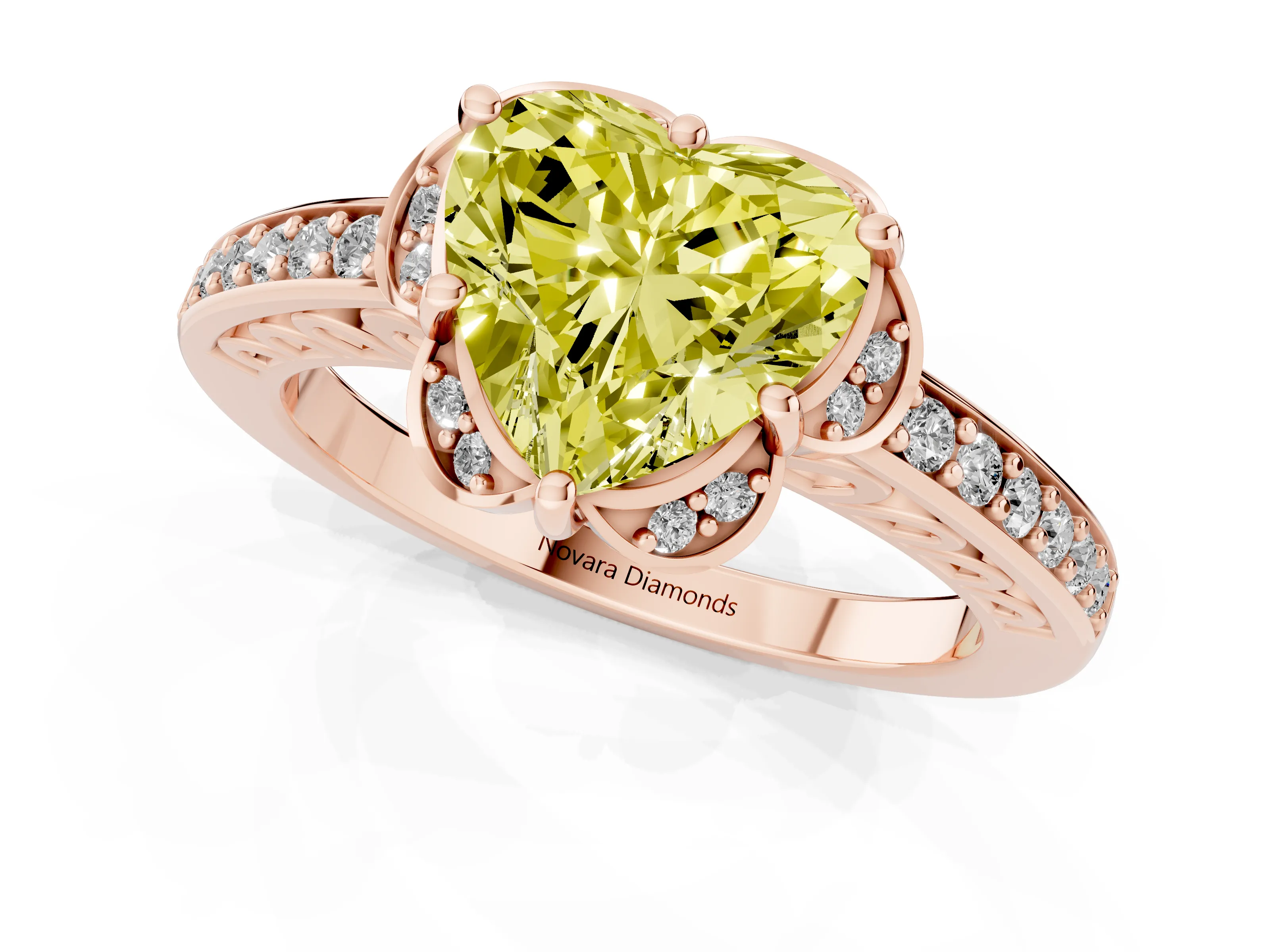 Fancy Yellow Heart Cut Diamond Halo Ring Set in Rose gold with Channel Set Band and Prong Setting