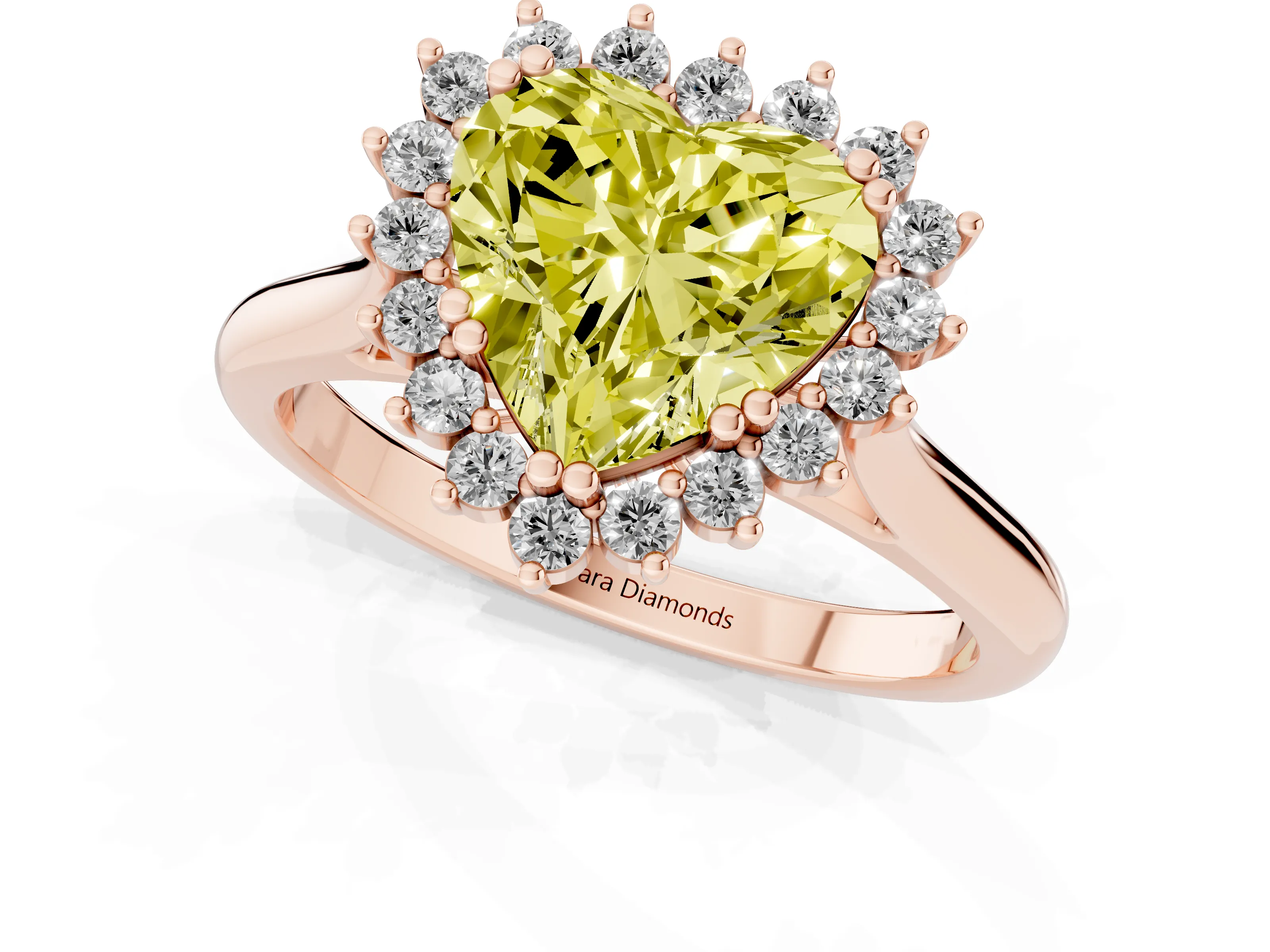 Fancy Yellow Heart Cut Diamond Halo Ring Set in Rose gold with Plain Solitaire Band and Prong Setting