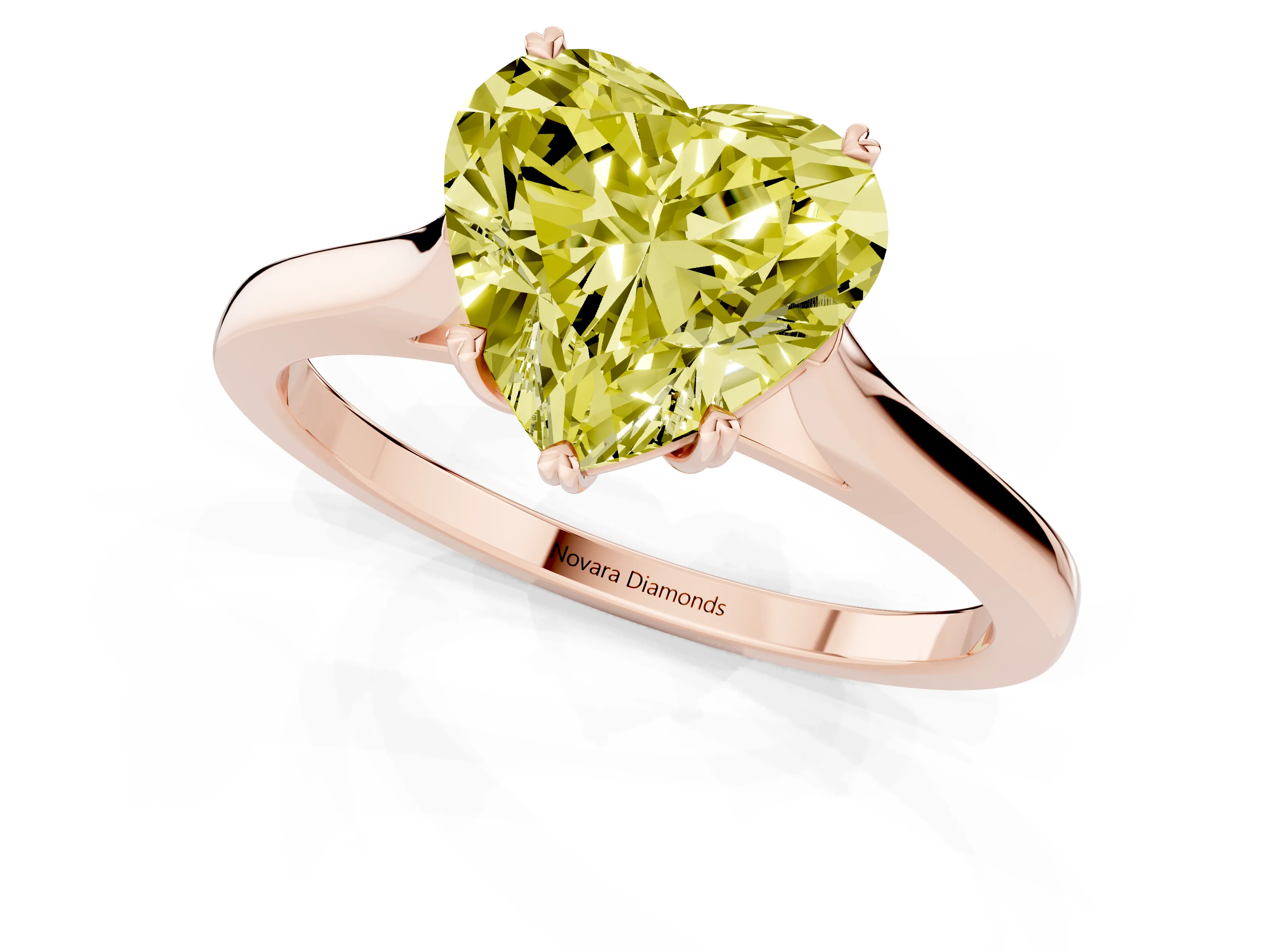 Fancy Yellow Heart Cut Diamond Solitaire Heart Prong Engagement Ring Set in Rose gold with Tapered Band