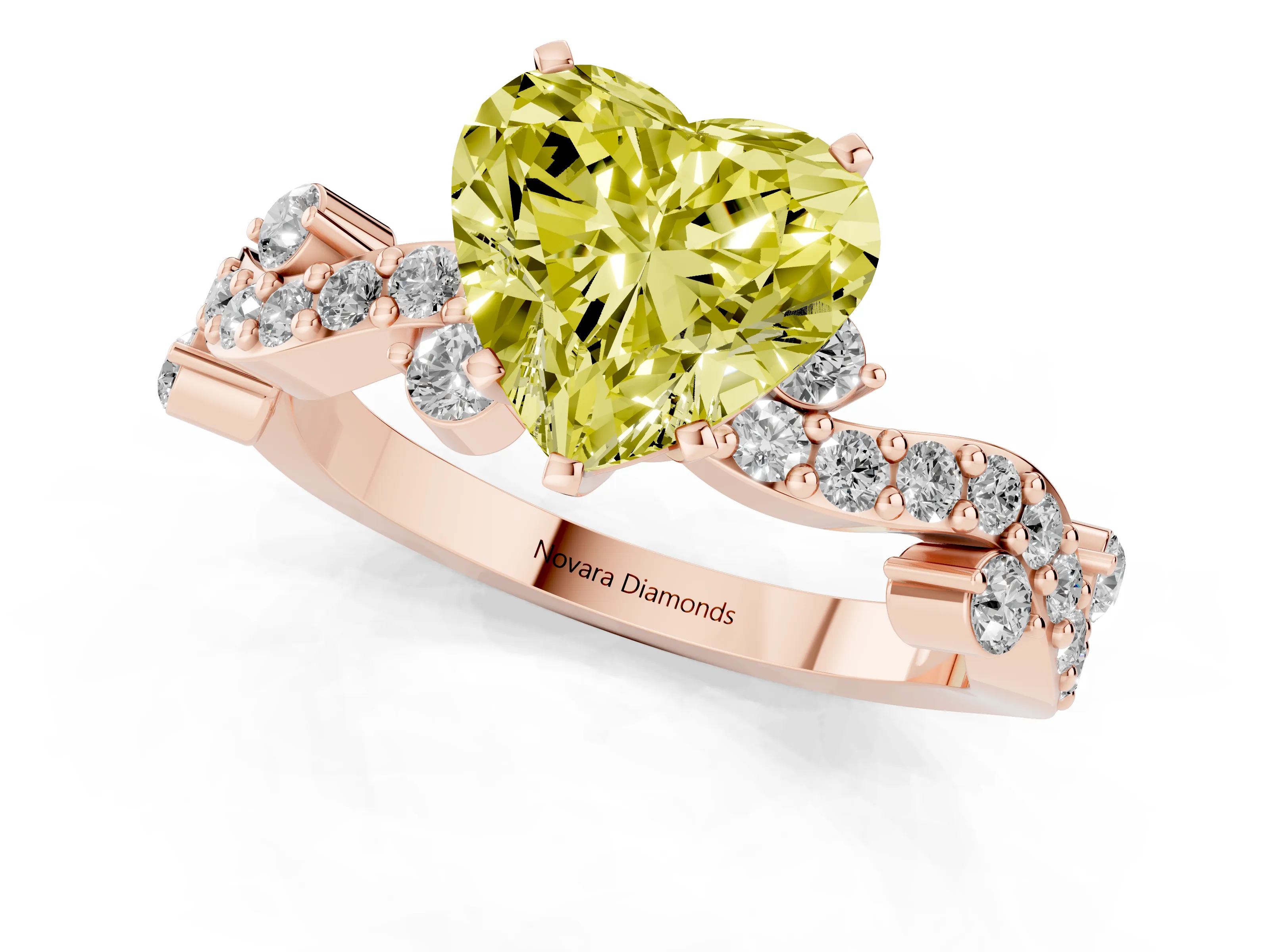 Fancy Yellow Heart Cut Diamond Solitaire Twisted Band Set in Rose gold with Pavé Setting