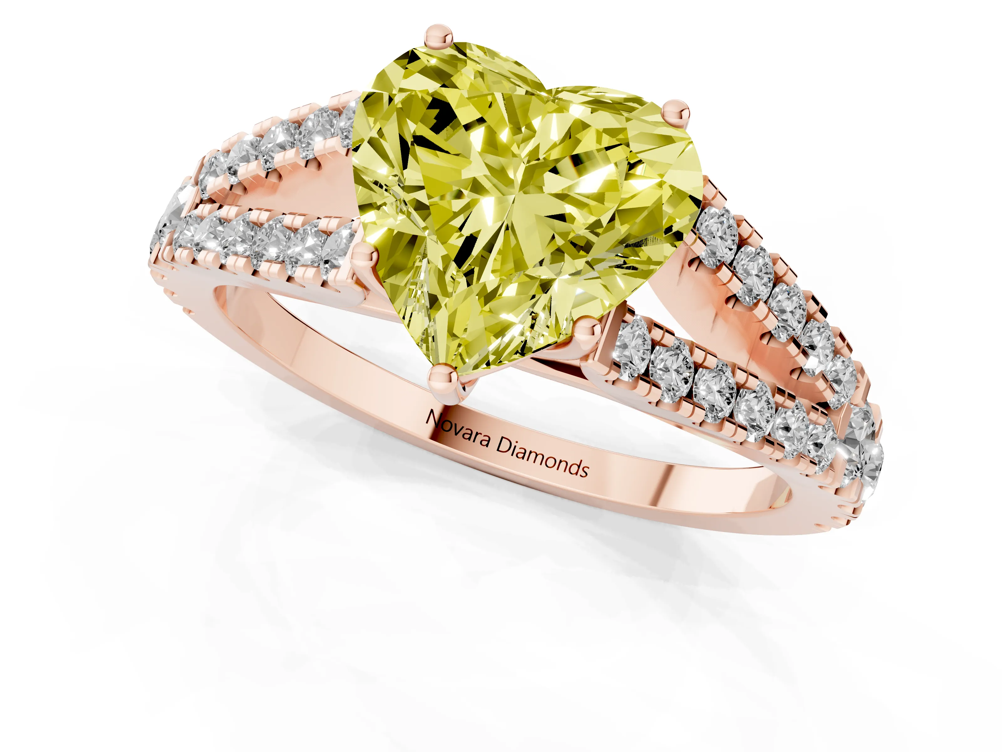 Fancy Yellow Heart Cut Diamond Split Shank Pavé Engagement Ring Set in Rose gold with Prong-Held Center Stone