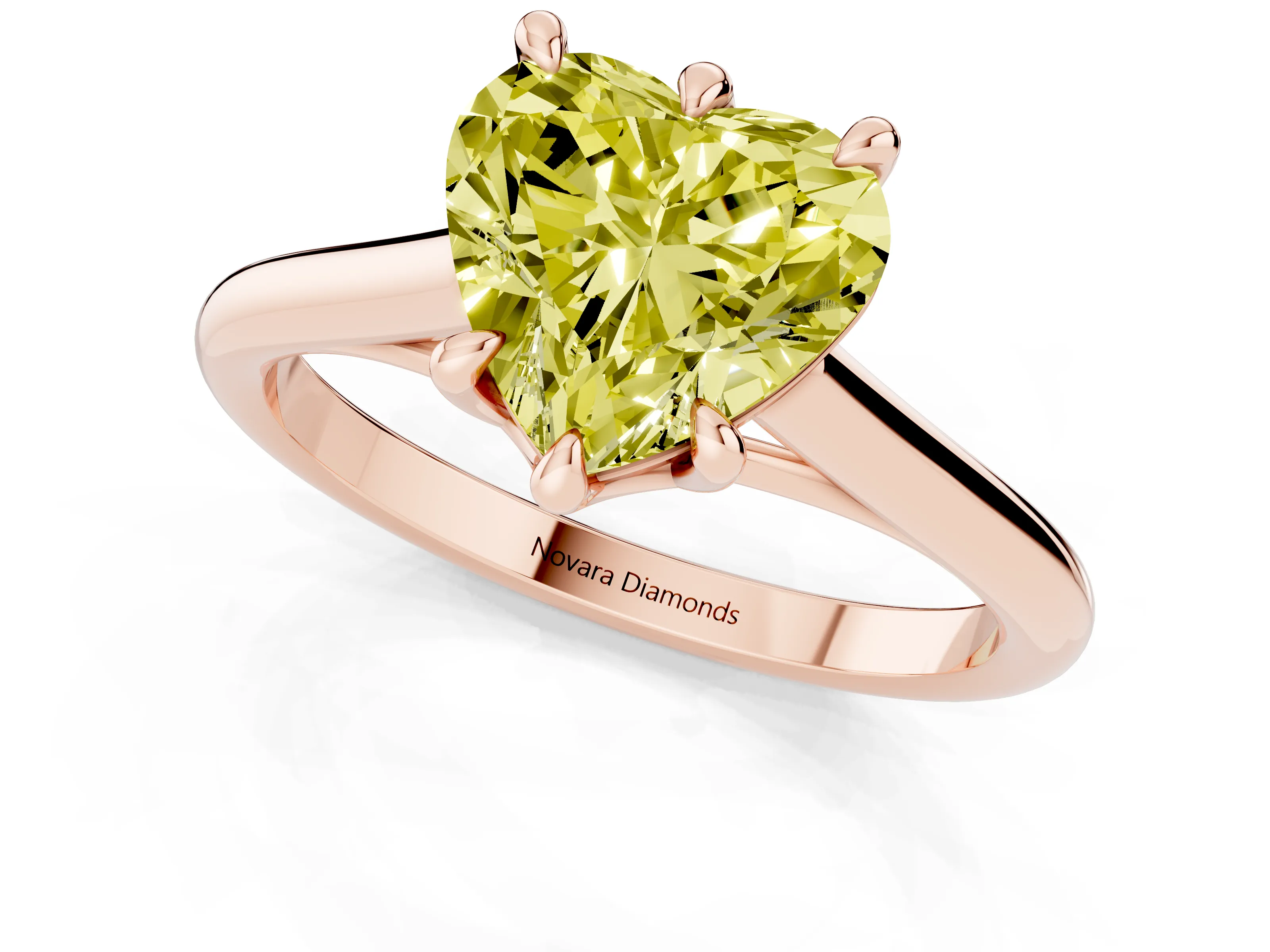 Fancy Yellow Heart Cut Diamond Solitaire Engagement Ring Set in Rose gold with Prong Setting and Plain Classic Band