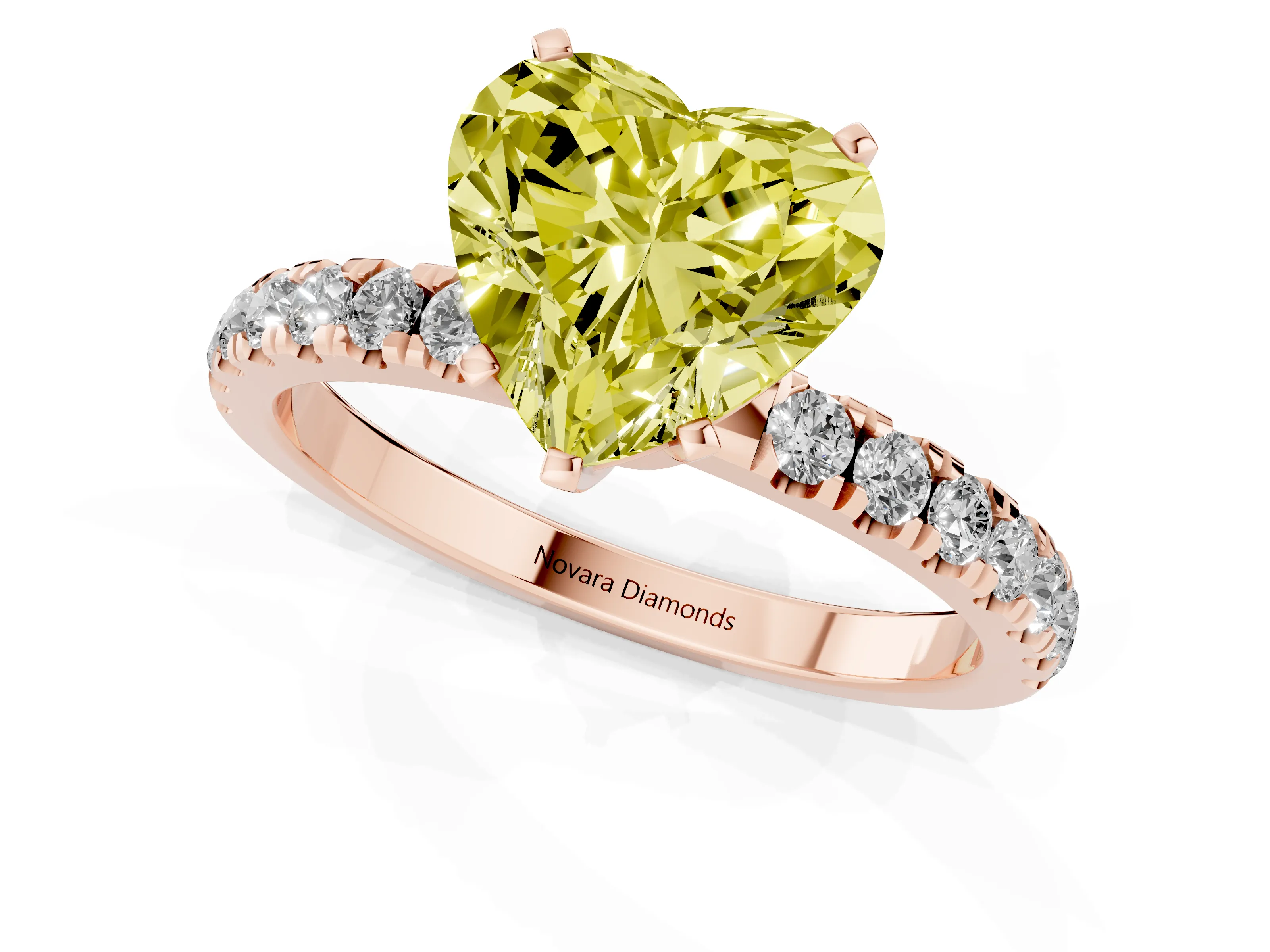 Fancy Yellow Heart Cut Diamond Solitaire Ring Set in Rose gold with Pavé Accents and Prong Setting