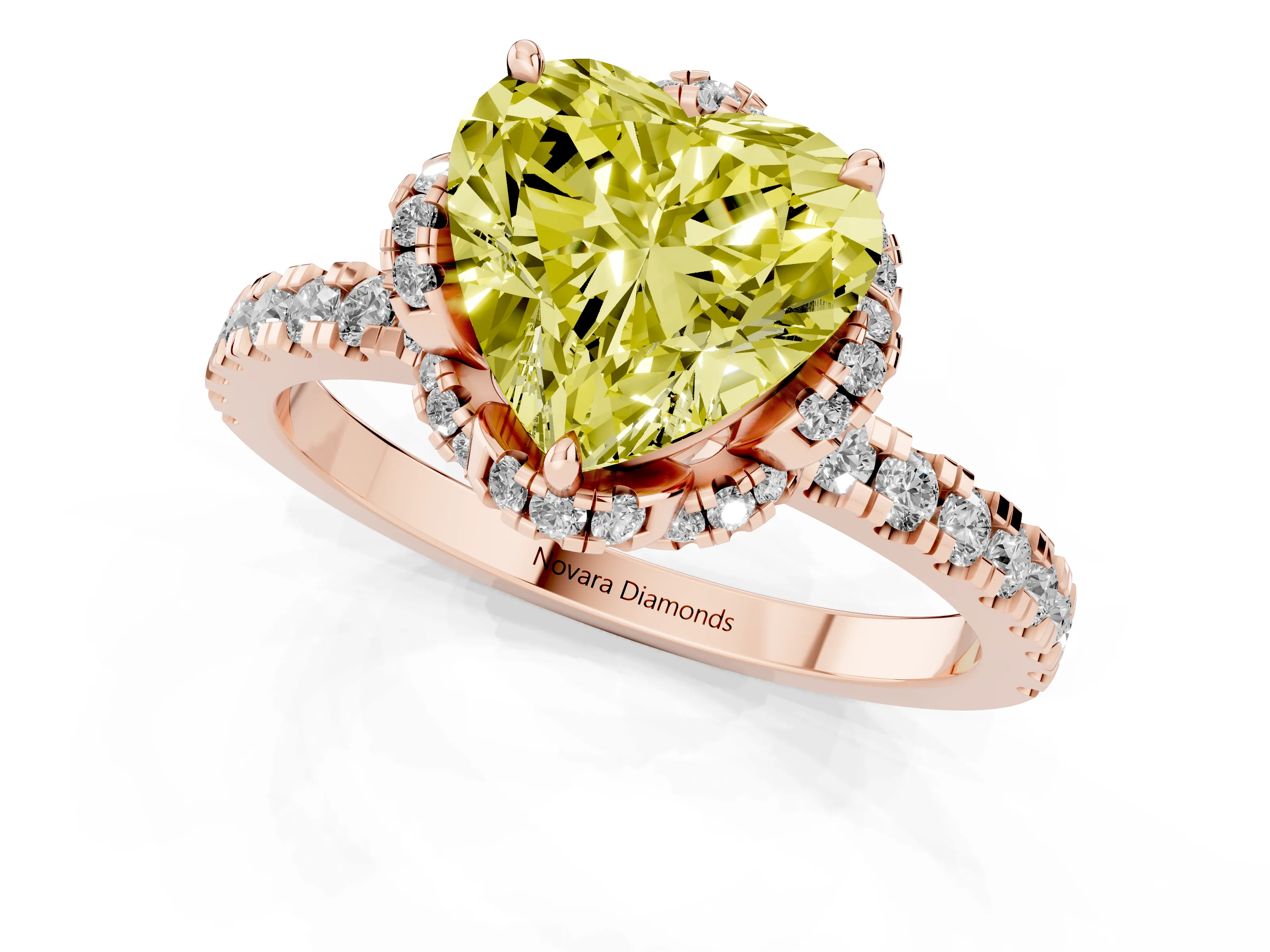 Fancy Yellow Heart Cut Diamond Halo Pavé Band Ring Set in Rose gold with Prong-Held Center