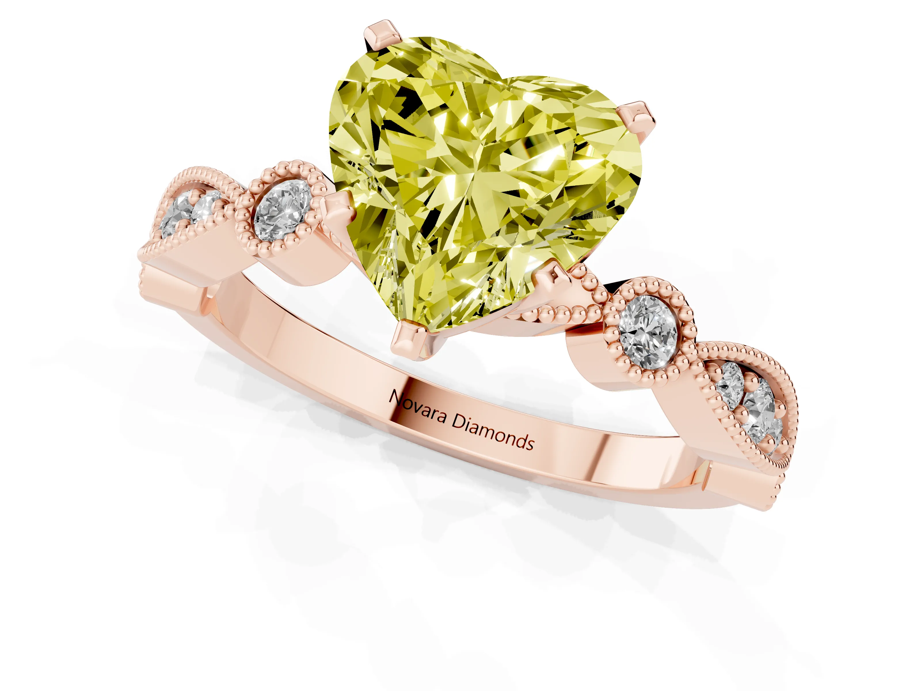 Fancy Yellow Heart Cut Diamond Solitaire Engagement Ring Set in Rose gold with Milgrain Bezel Accent Band – second view