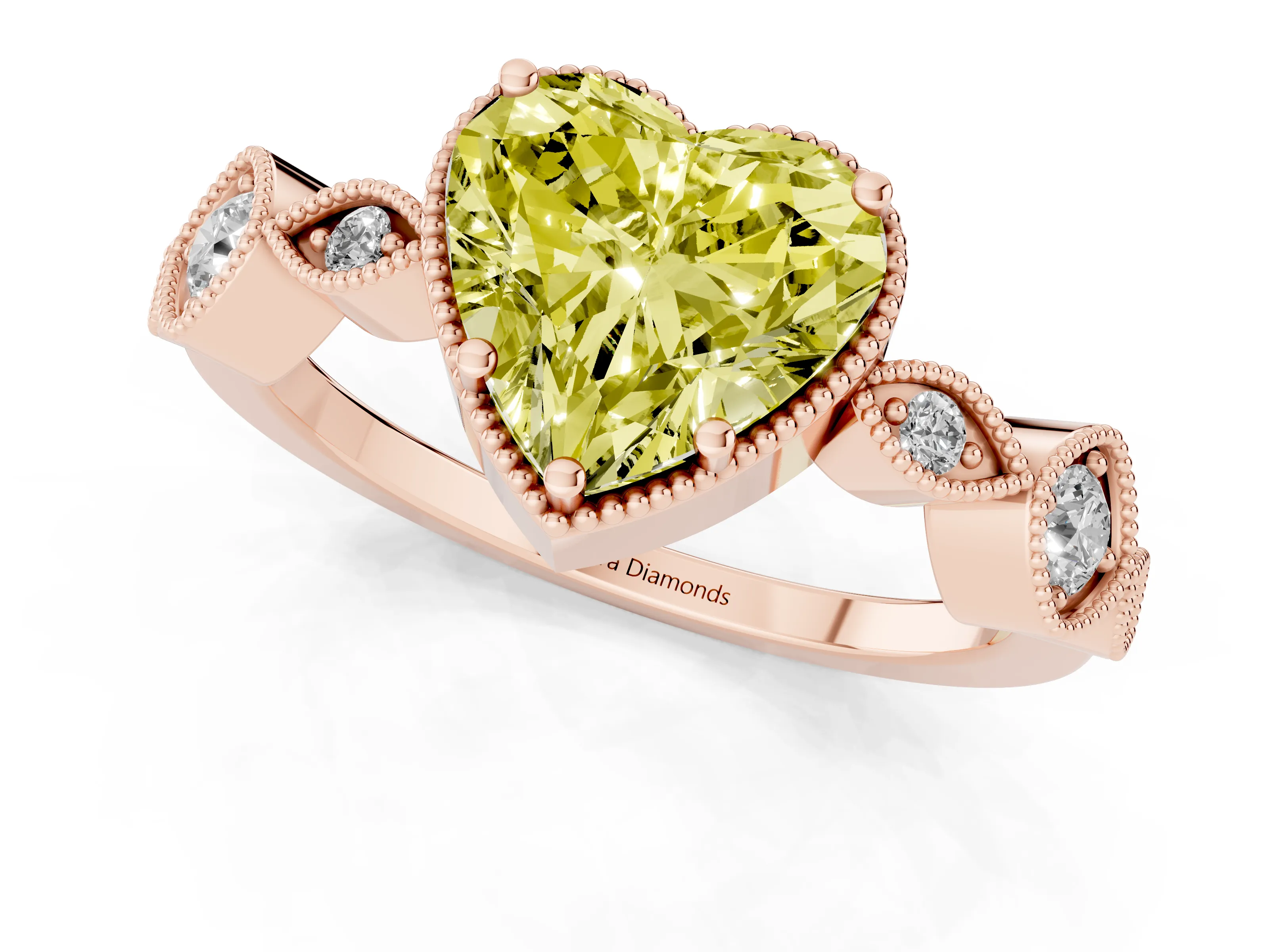 Fancy Yellow Heart Cut Diamond Vintage-Inspired Milgrain Ring Set in Rose gold with Marquise Stations of Round Accents